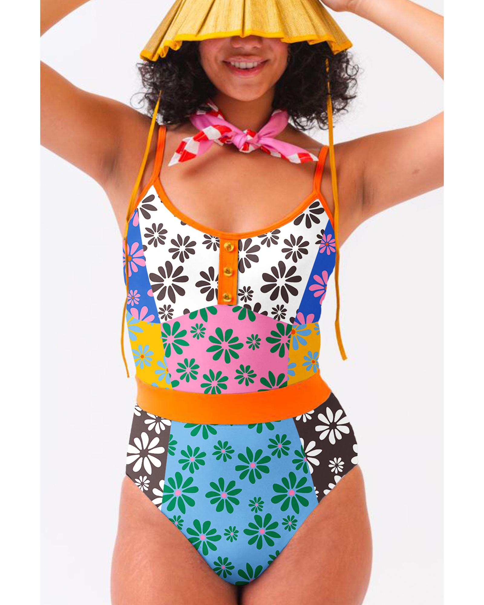 V539-AZEXDC444632-P1420-M-202508291625-00 Orange Floral Colorblock Buttoned Decor Front Spaghetti Straps Teddy Swimsuit - M - Image 1