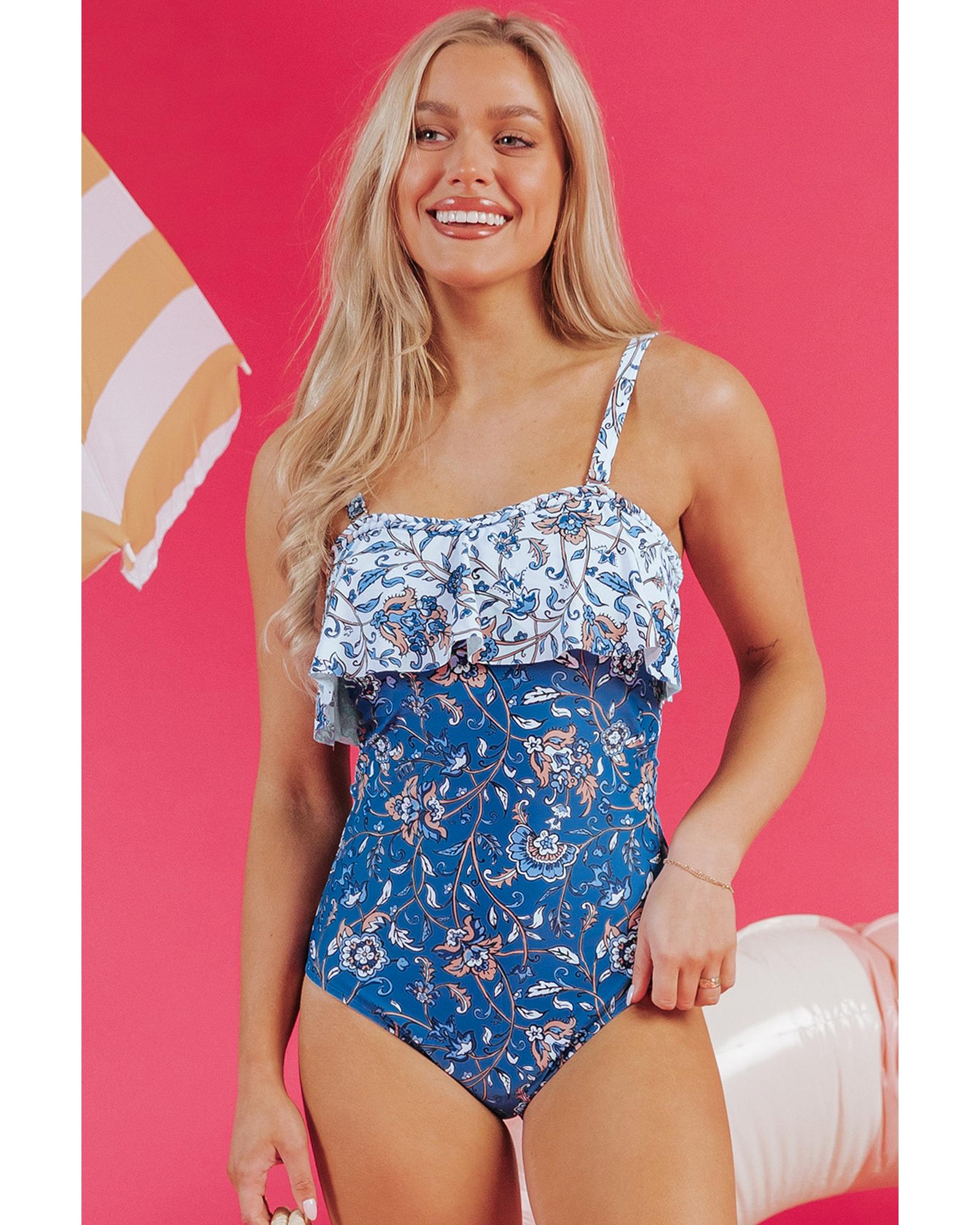 V539-AZEXDC444650-P420-S-202506141122-00 Sky Blue Floral Printed Ruffle Removable Strap One Piece Swimsuit - S - Image 1