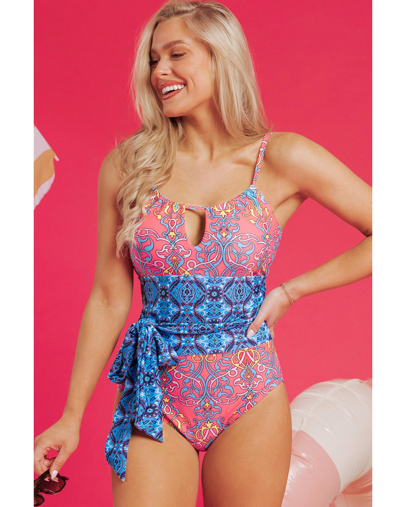 V539-AZEXDC444660-P520-L-202508292235-00 Blue Geometric Print Hollow Out Knotted Waist One Piece Swimsuit - L - Image 1
