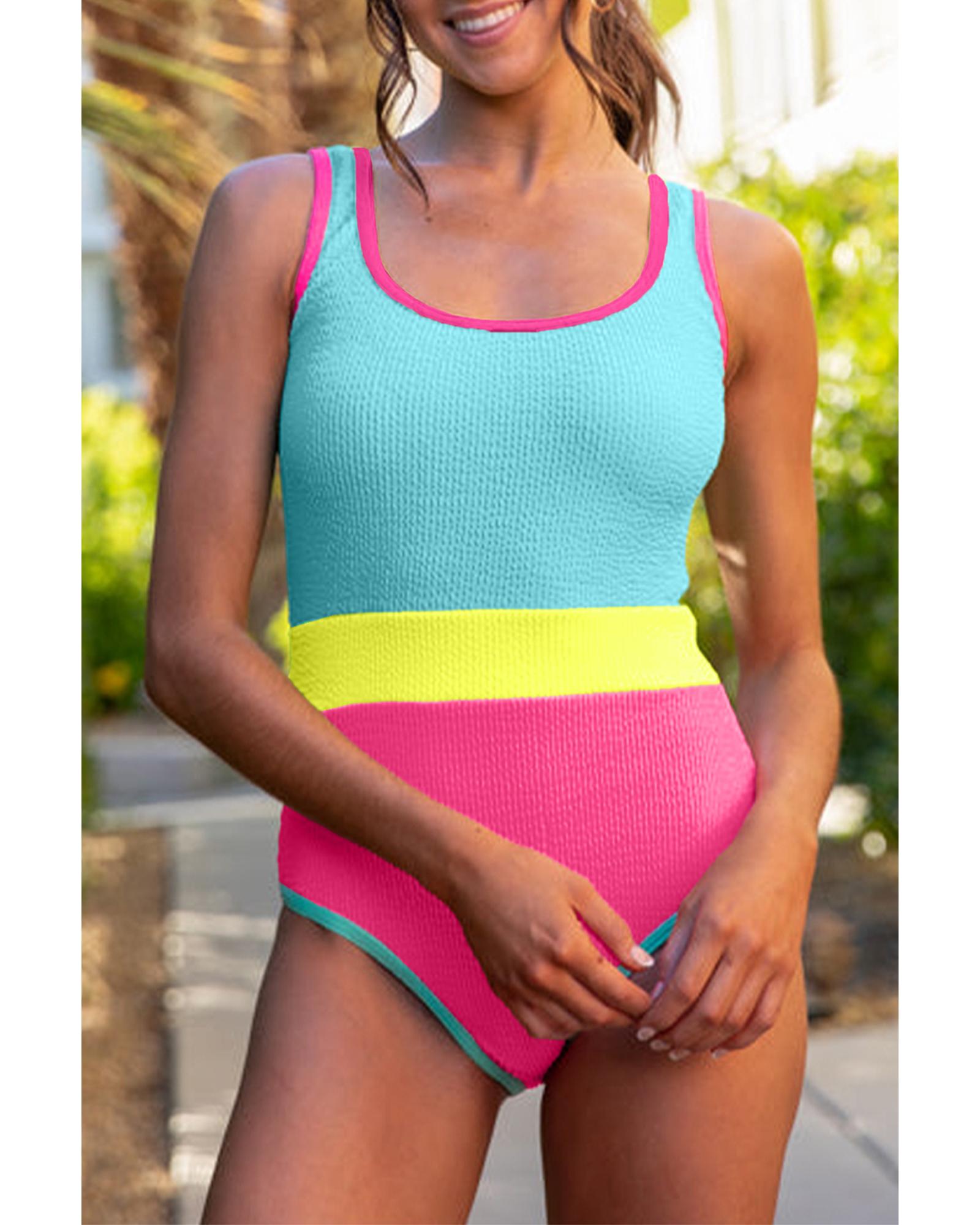 V539-AZEXDC444697-P104-XL-202508280330-00 Iceland Blue Textured Color Block Patchwork One Piece Swimsuit - XL - Image 1