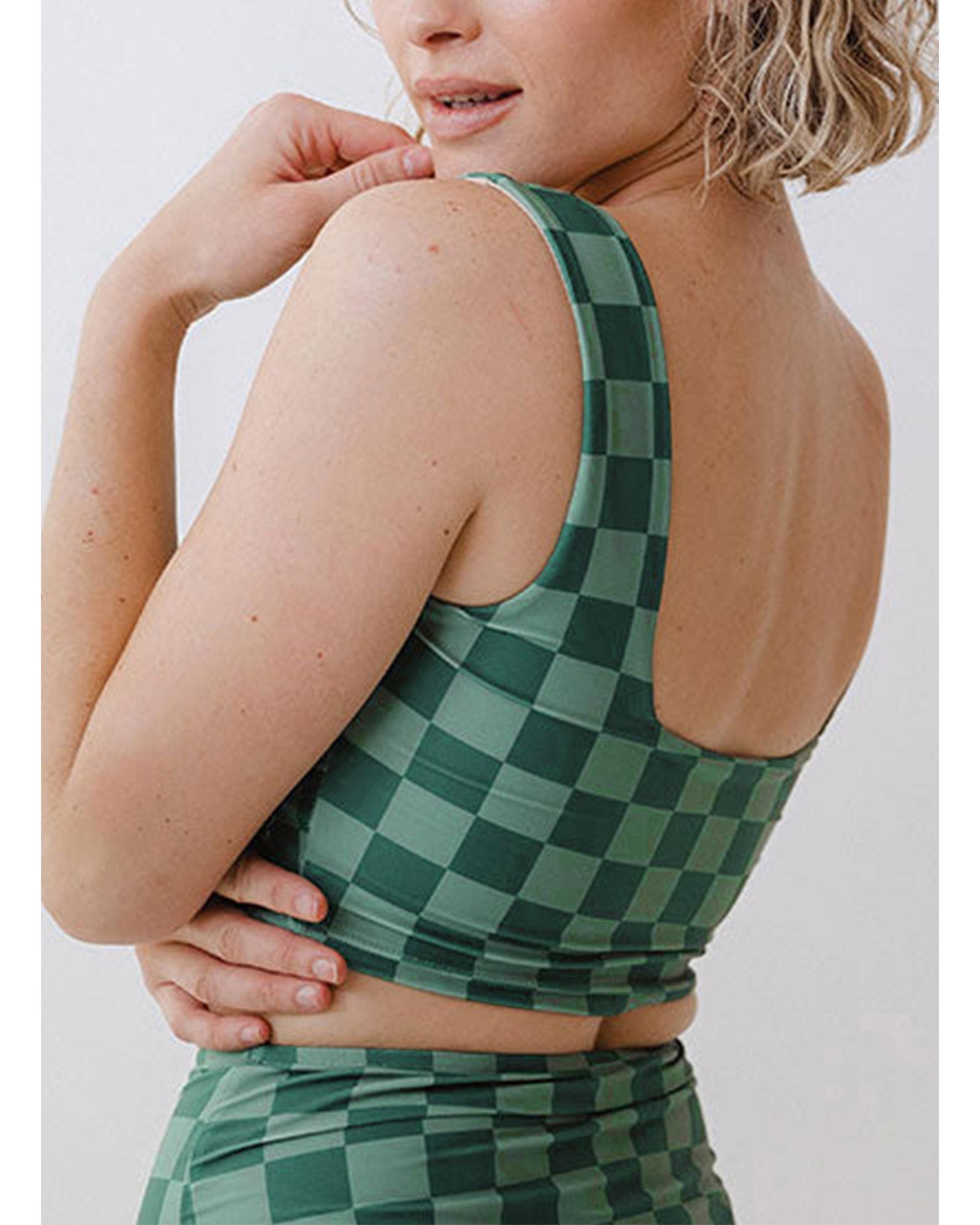 Green Checkered Print Square Neck Cropped Swim Top - XL