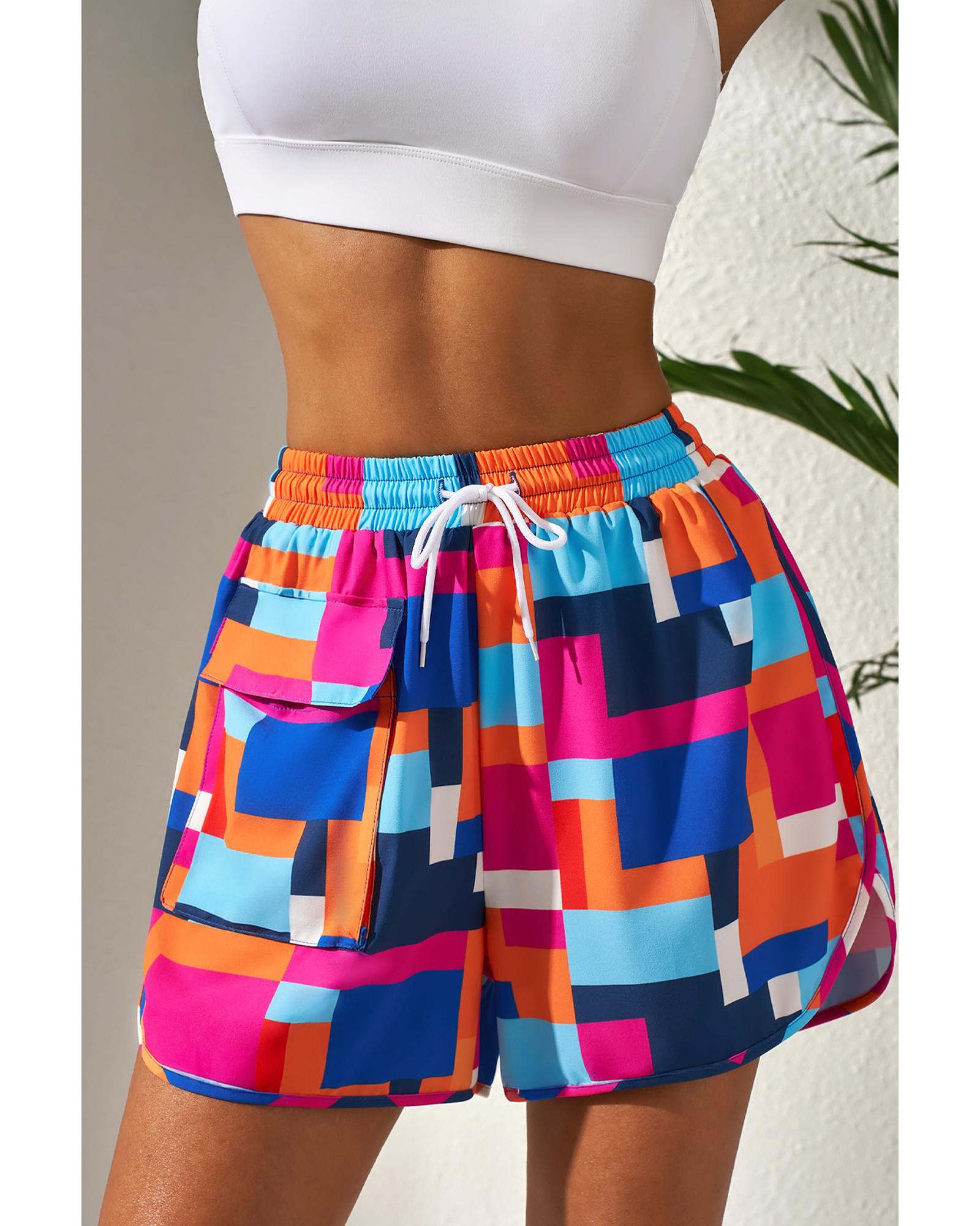 V539-AZEXDC472440-P620-L-202508280720-00 Rose Geometric Printed Drawstring Waist Beach Shorts with Pockets - L - Image 1