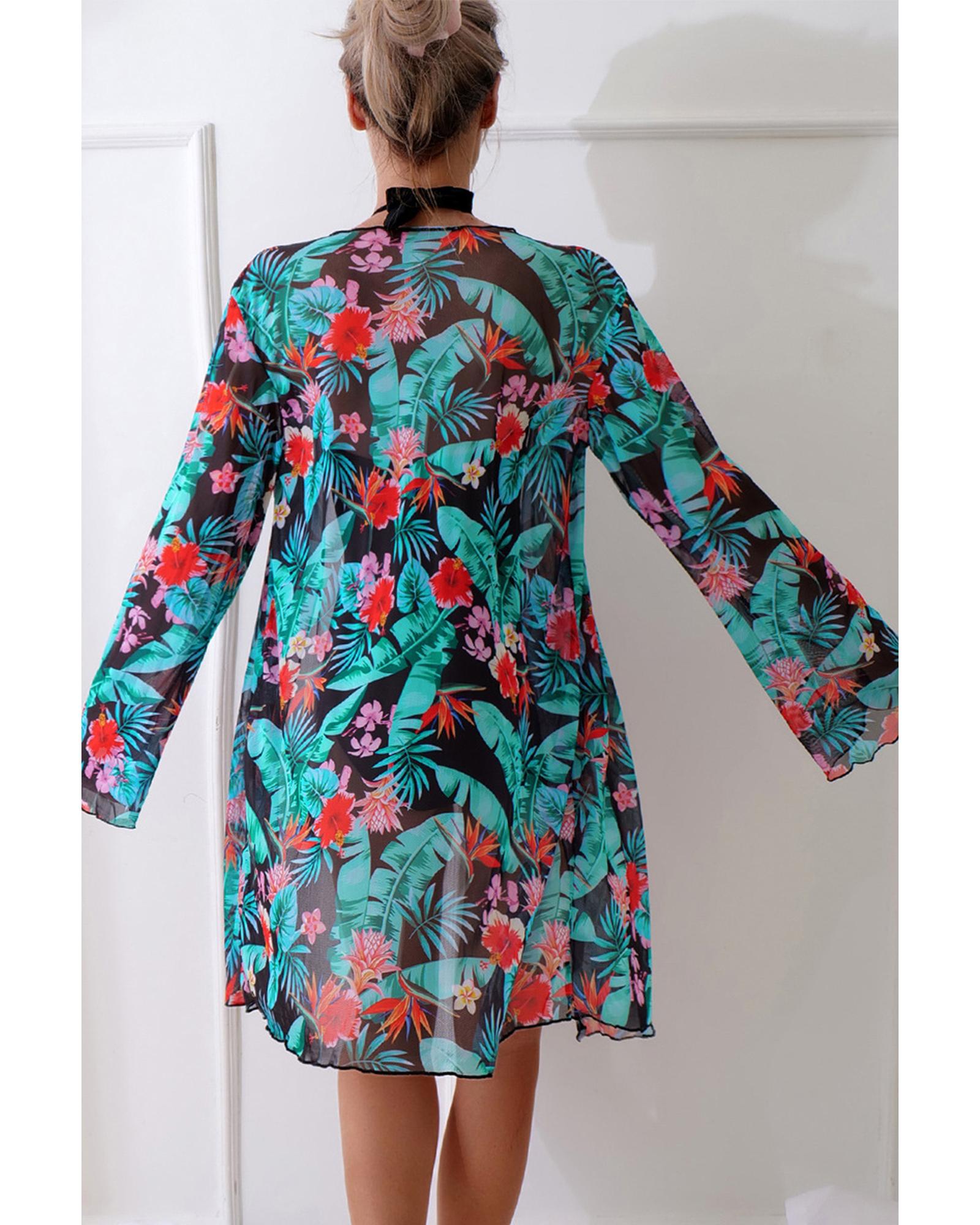 V539-AZEXDC481377-P220-S-202508281505-00 Black Halter Neck Monokini with Floral Beach Cover Up - S - Image 1