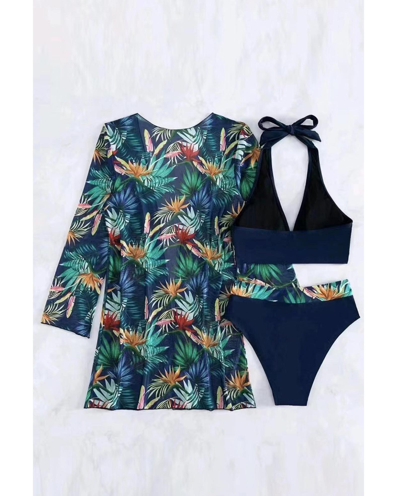 V539-AZEXDC481421-P2-S-202506141247-00 Black 3pcs Tropical Contrast Trim Halter Bikini Set with Cover up - S - Image 1