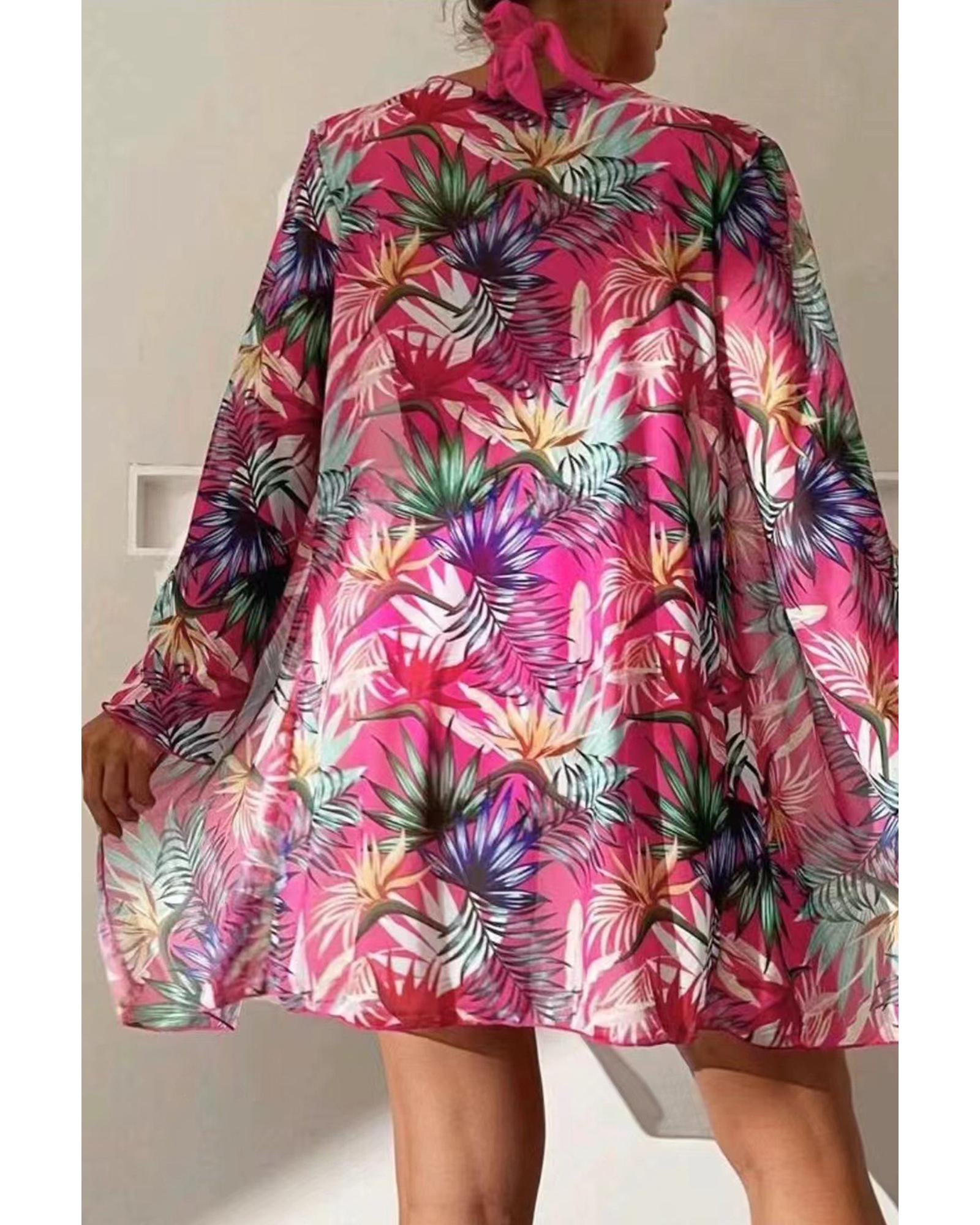 V539-AZEXDC481421-P6-XL-202508290220-00 Rose Red 3pcs Tropical Contrast Trim Halter Bikini Set with Cover up - XL - Image 1