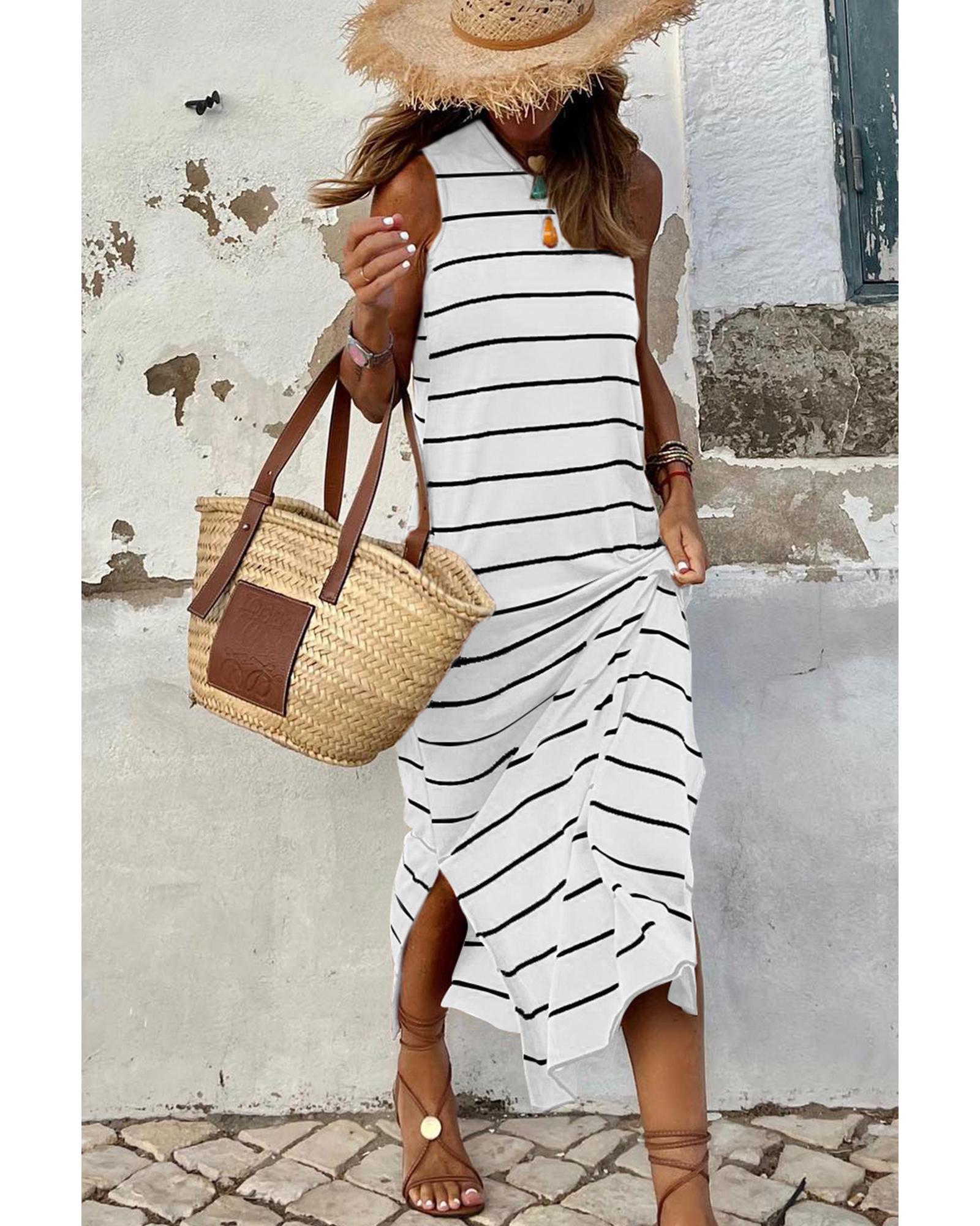 V539-AZEXDC6113424-1-L-202508280250-00 White Stripe Print Open Back Sleeveless Maxi Dress with Slits - L - Image 1