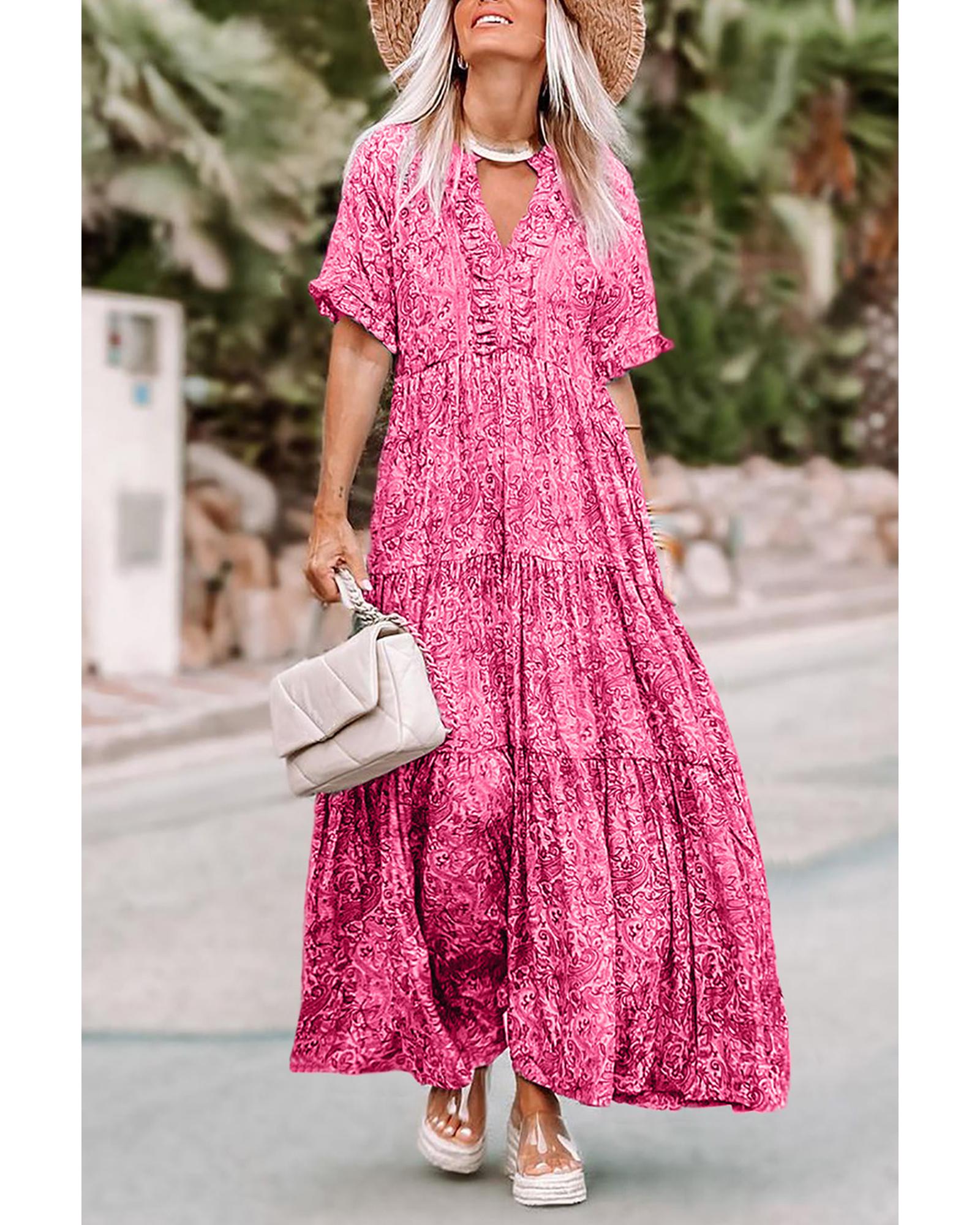 V539-AZEXDC6114812-10-L-202508282300-00 Pink Paisley Print Boho Holiday Ruffle Tiered Maxi Dress - L - Image 1