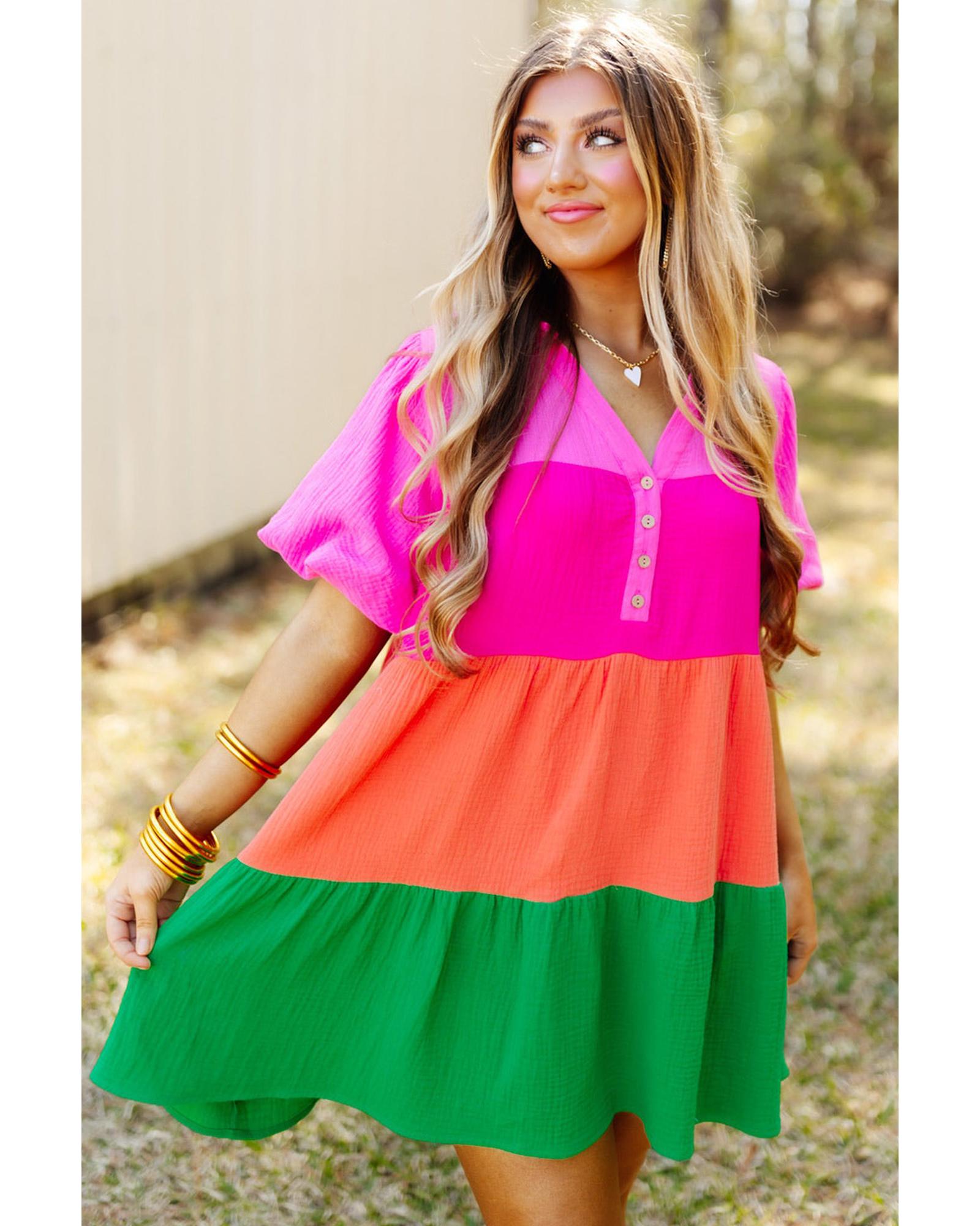 V539-AZEXDC6114938-22-S-202506141436-00 Multicolor Color Block Tiered Puff Sleeve Dress - S - Image 1