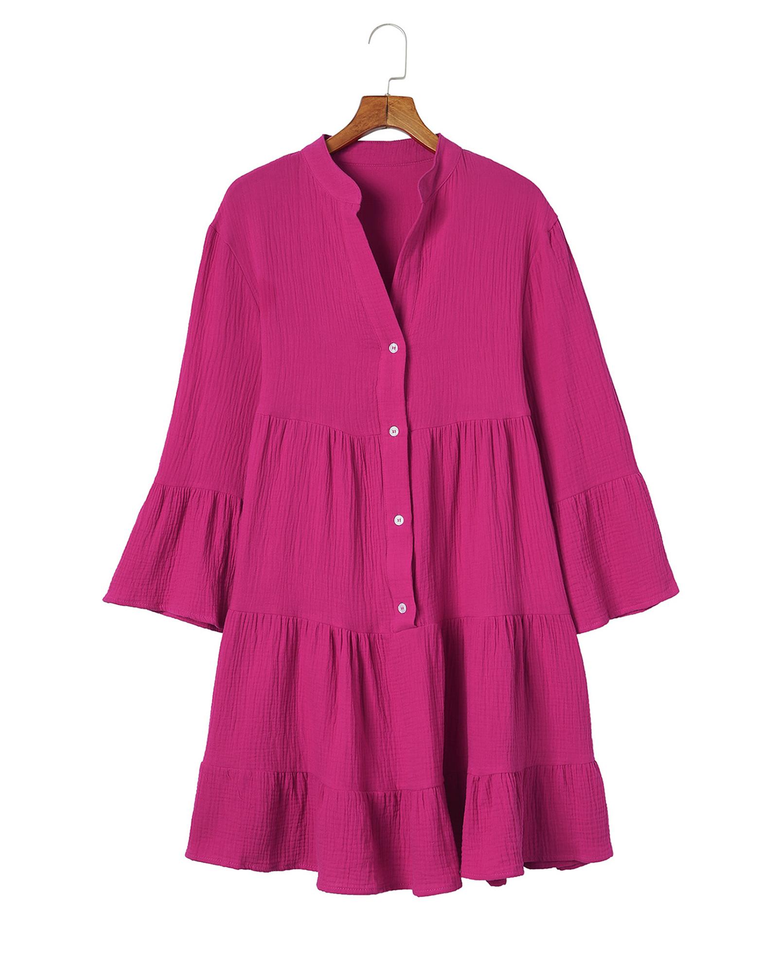 V539-AZEXDC6116628-6-M-202508280455-00 Rose Crinkled Tiered Split Neck Shirt Dress - M - Image 1