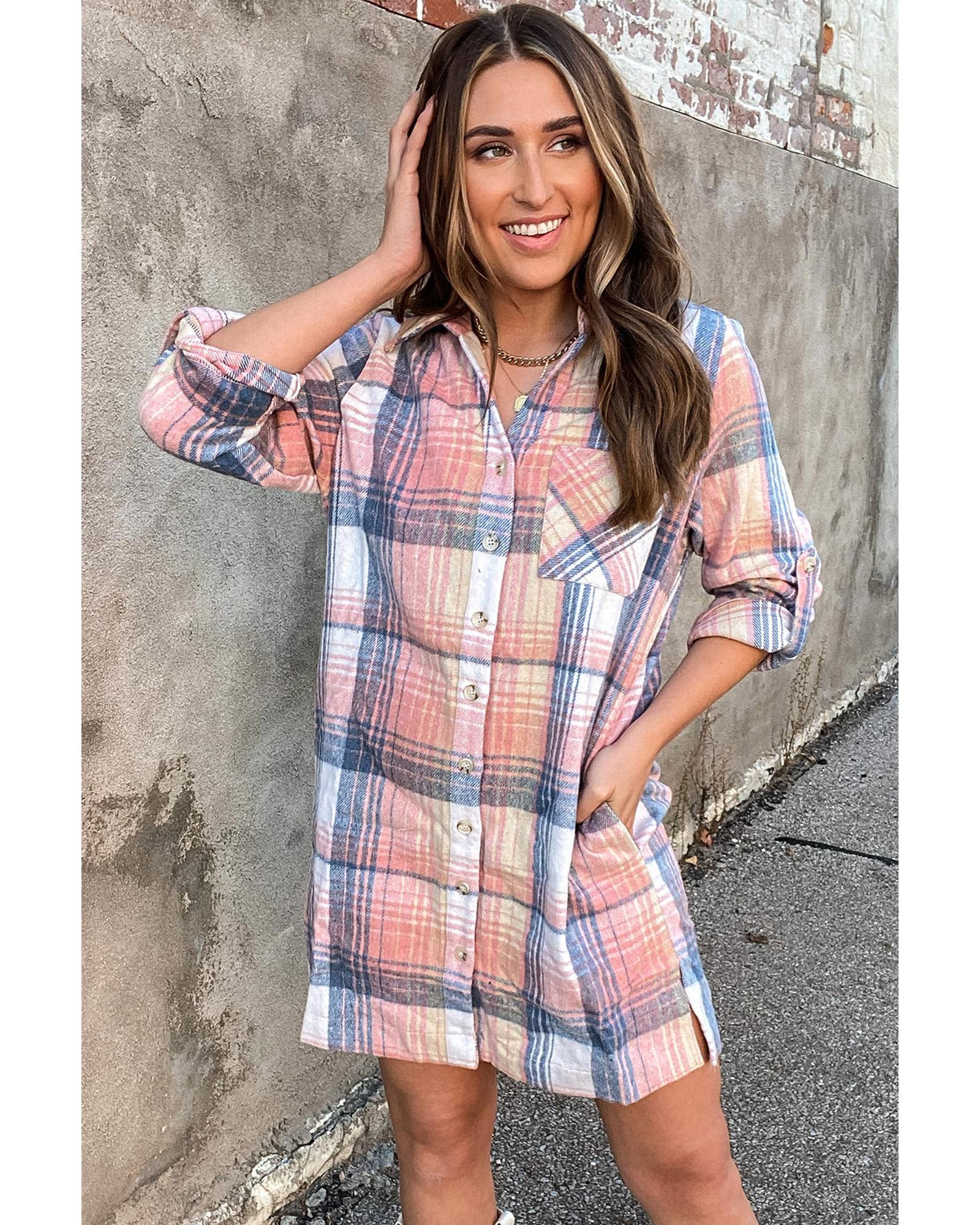 V539-AZEXDC6116721-10-S-202506141510-00 Azura Exchange Pink Plaid Roll-tab Sleeve Side Slit Shirt Dress - S - Image 1