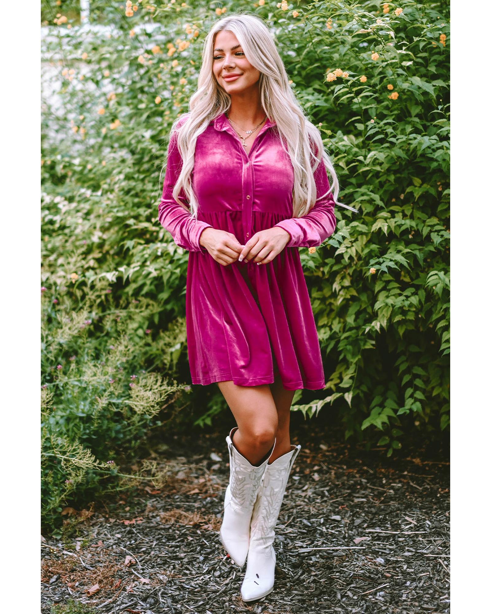 V539-AZEXDC6117352-6-L-202508281440-00 Azura Exchange Rose Long Sleeve Ruffle Velvet Button Up Dress - L - Image 1