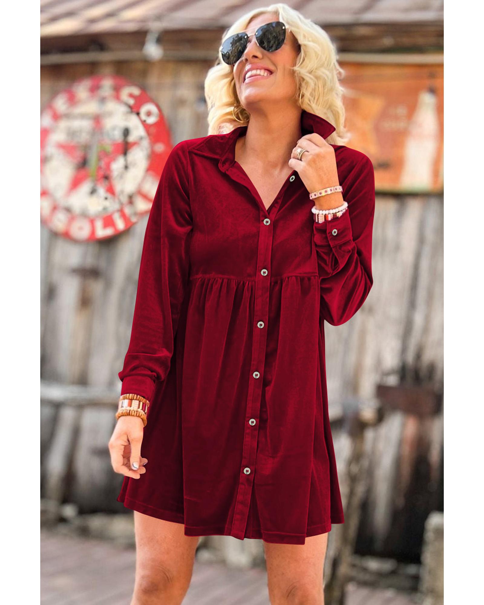 V539-AZEXDC6117352-P3-L-202508281945-00 Red Long Sleeve Ruffle Velvet Button Up Dress - L - Image 1