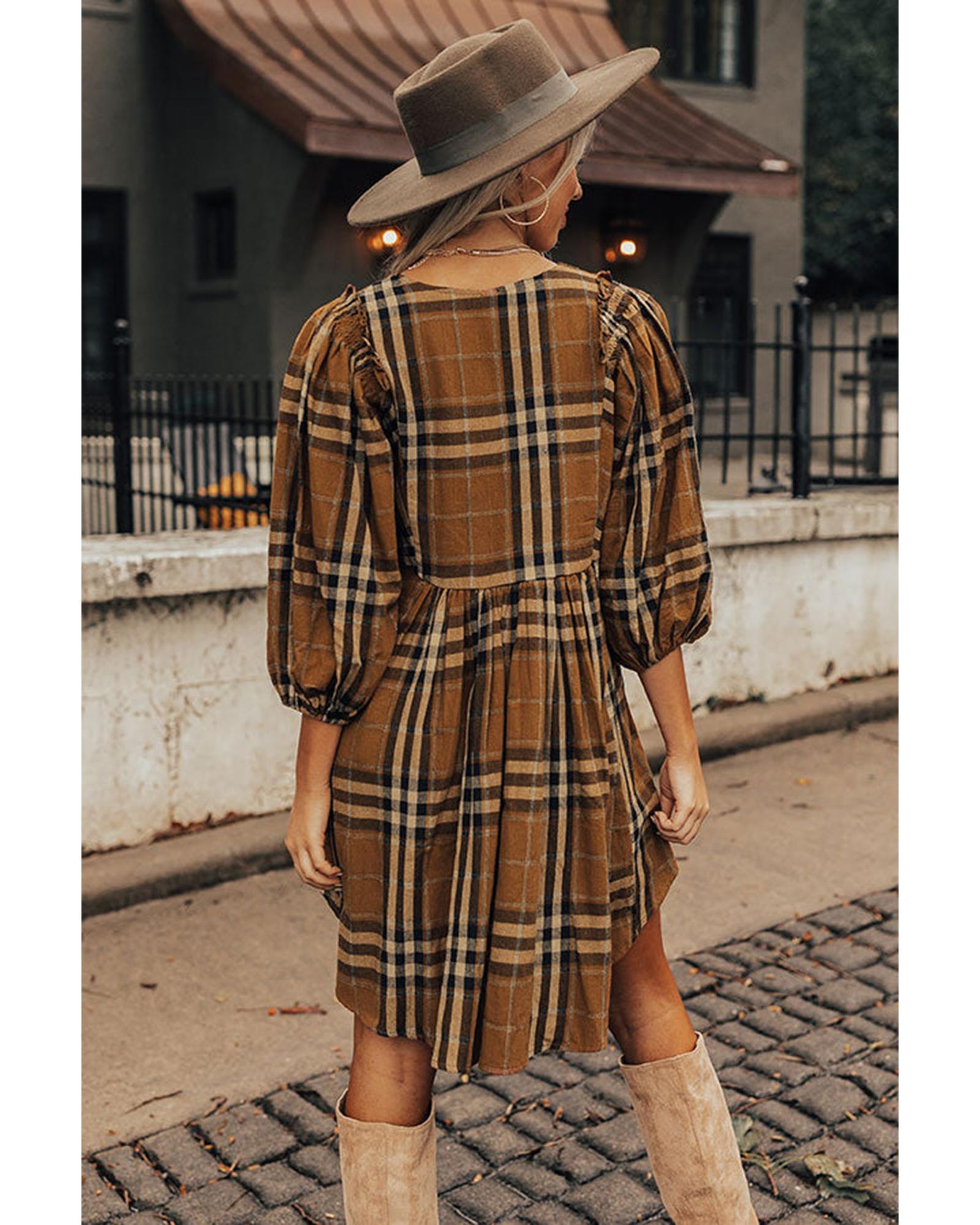 V539-AZEXDC6117629-17-M-202508300605-00 Brown Plaid Pattern Empire Waist Babydoll Dress - M - Image 1