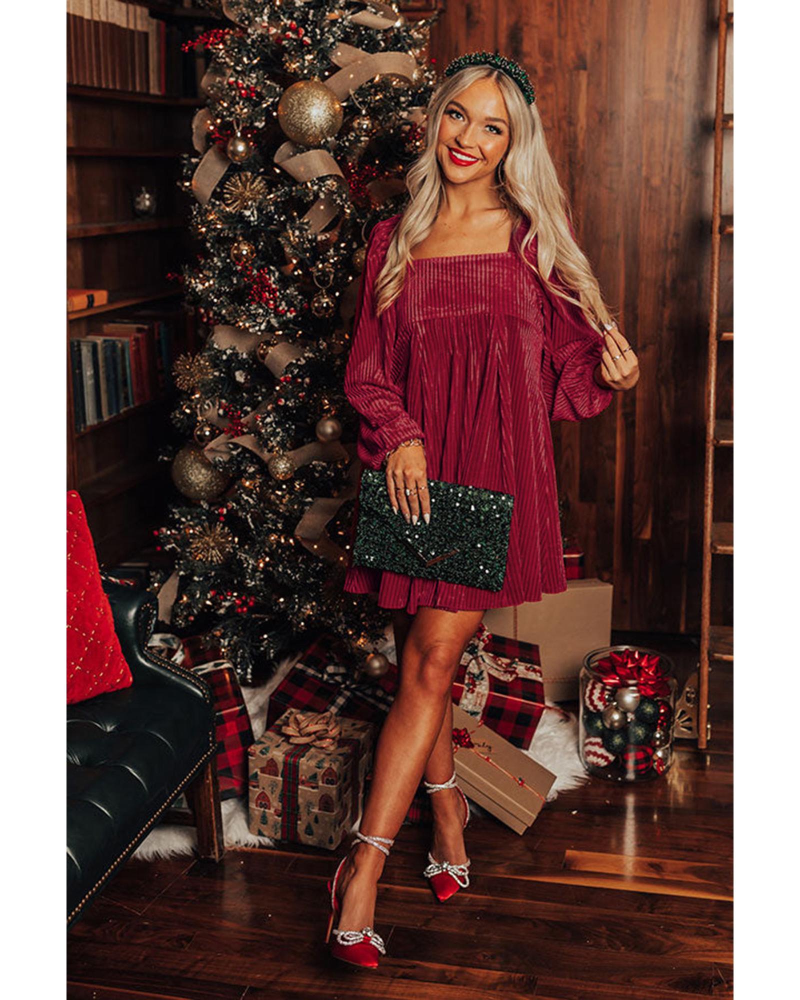 V539-AZEXDC6117666-3-M-202506141135-00 Red Tie Back Square Neck Velvet Babydoll Dress - M - Image 1