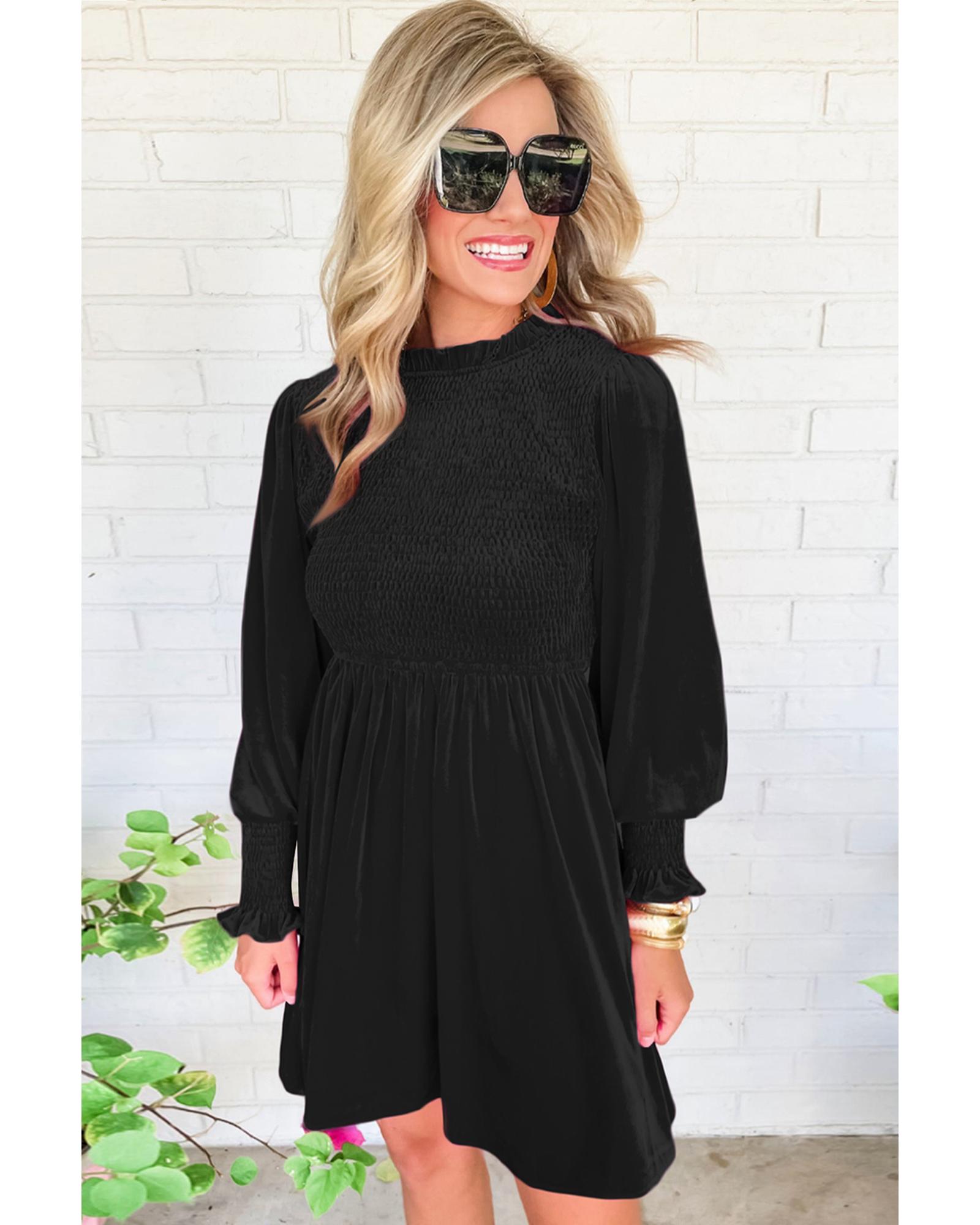 V539-AZEXDC6118065-P2-L-202506141145-00 Black Frilled Neck Smocked Bodice Velvet Dress - L - Image 1