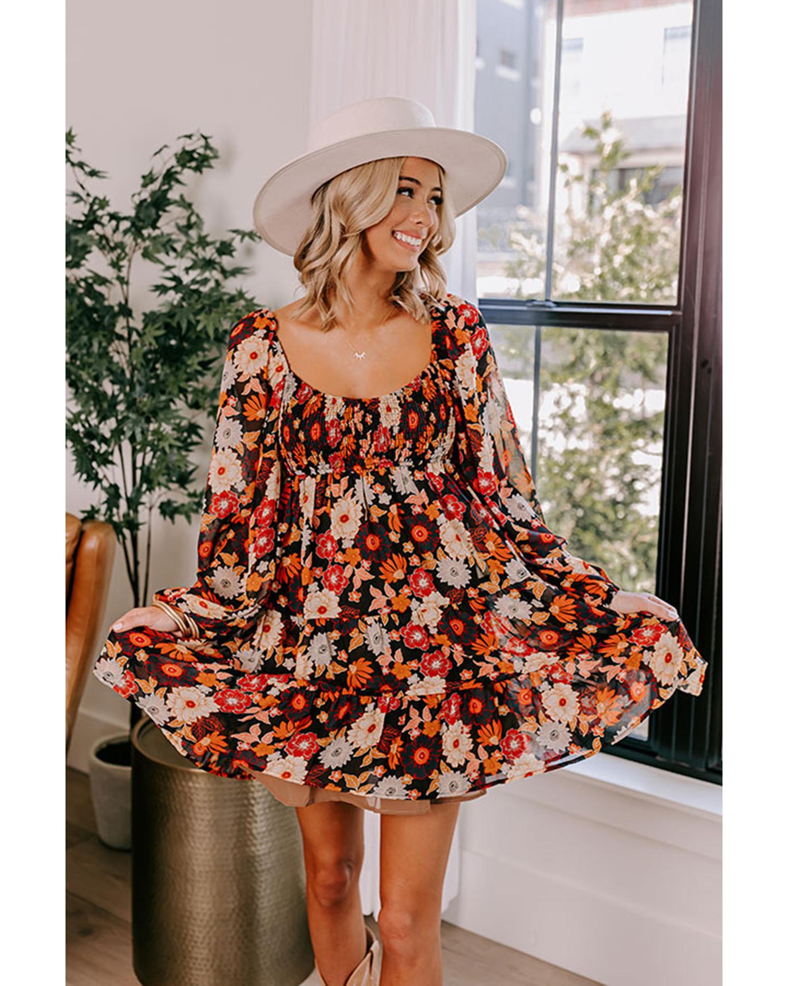 V539-AZEXDC6118109-P22-XL-202508300520-00 Multicolour Smocked High Waist Long Sleeve Floral Dress - XL - Image 1