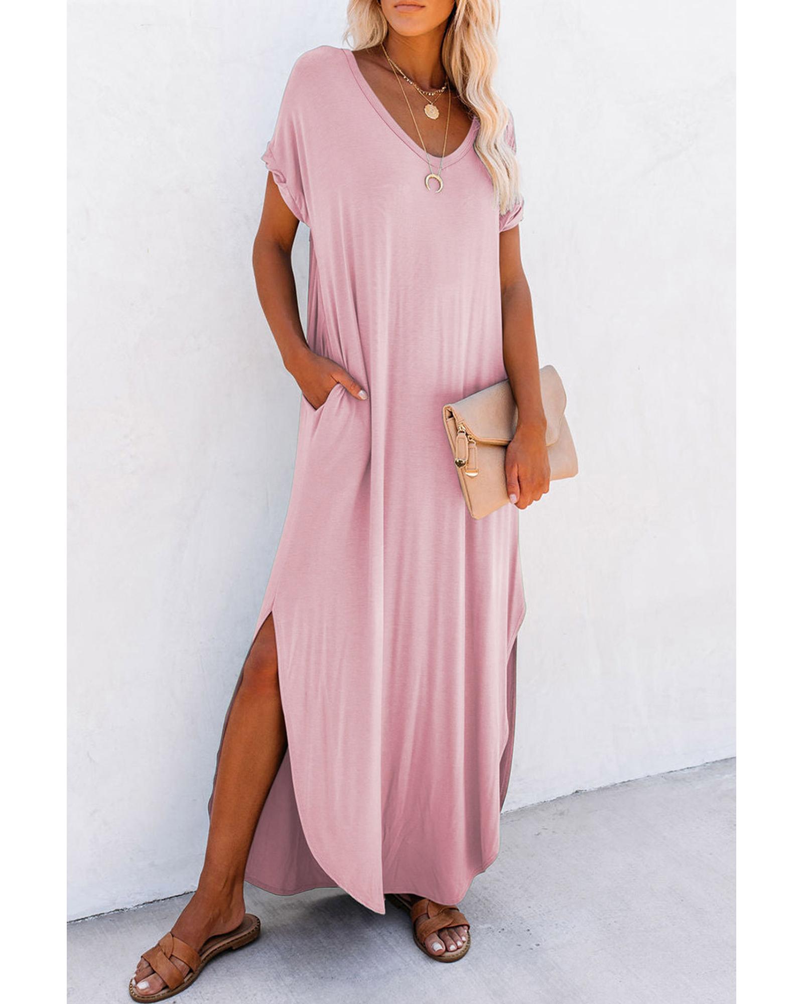 V539-AZEXDC6118514-P10-M-202508300035-00 Pink V Neck Hidden Pocket Splits Maxi T-shirt Dress - M - Image 1
