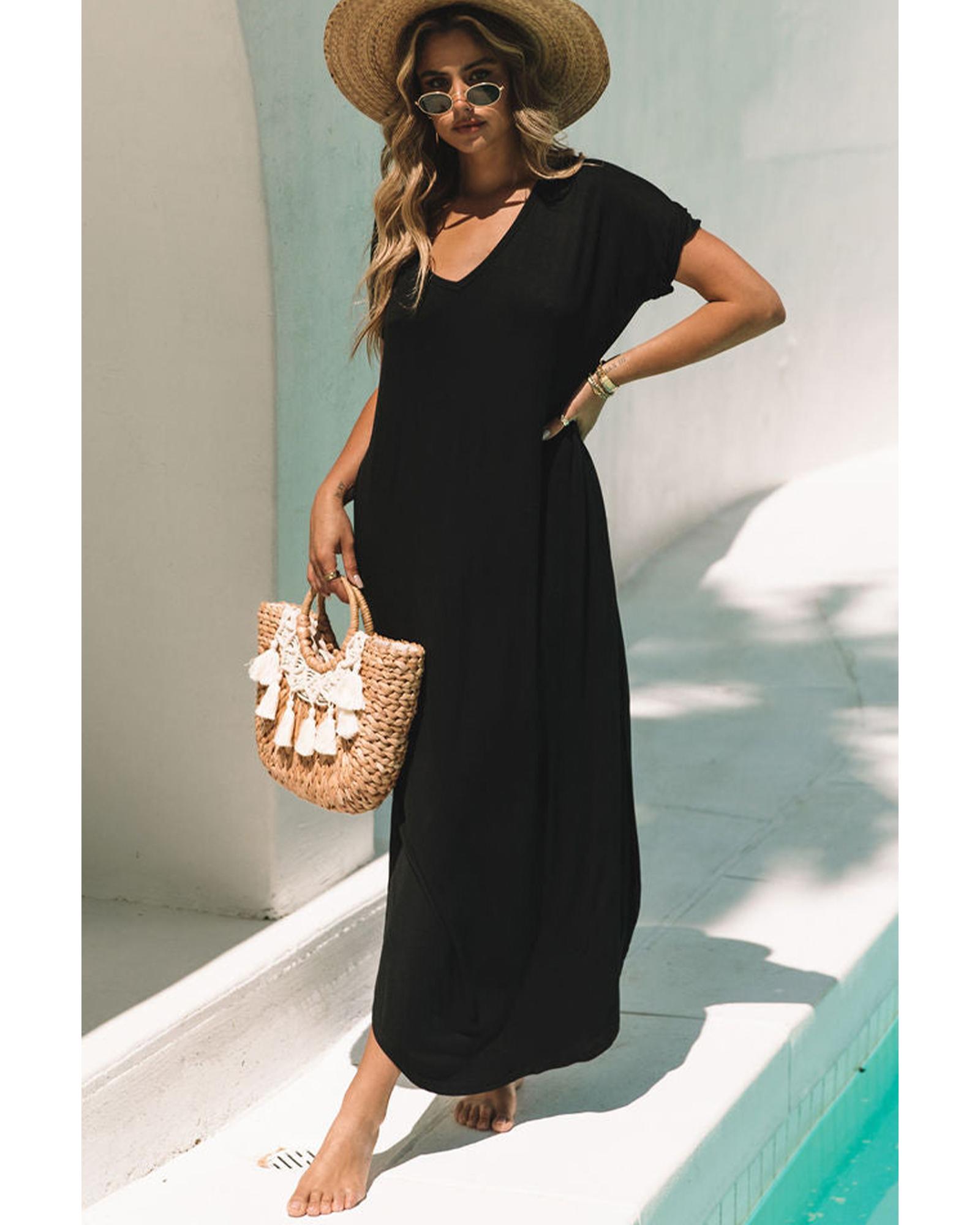 V539-AZEXDC6118514-P2-M-202506141311-00 Black V Neck Hidden Pocket Splits Maxi T-shirt Dress - M - Image 1