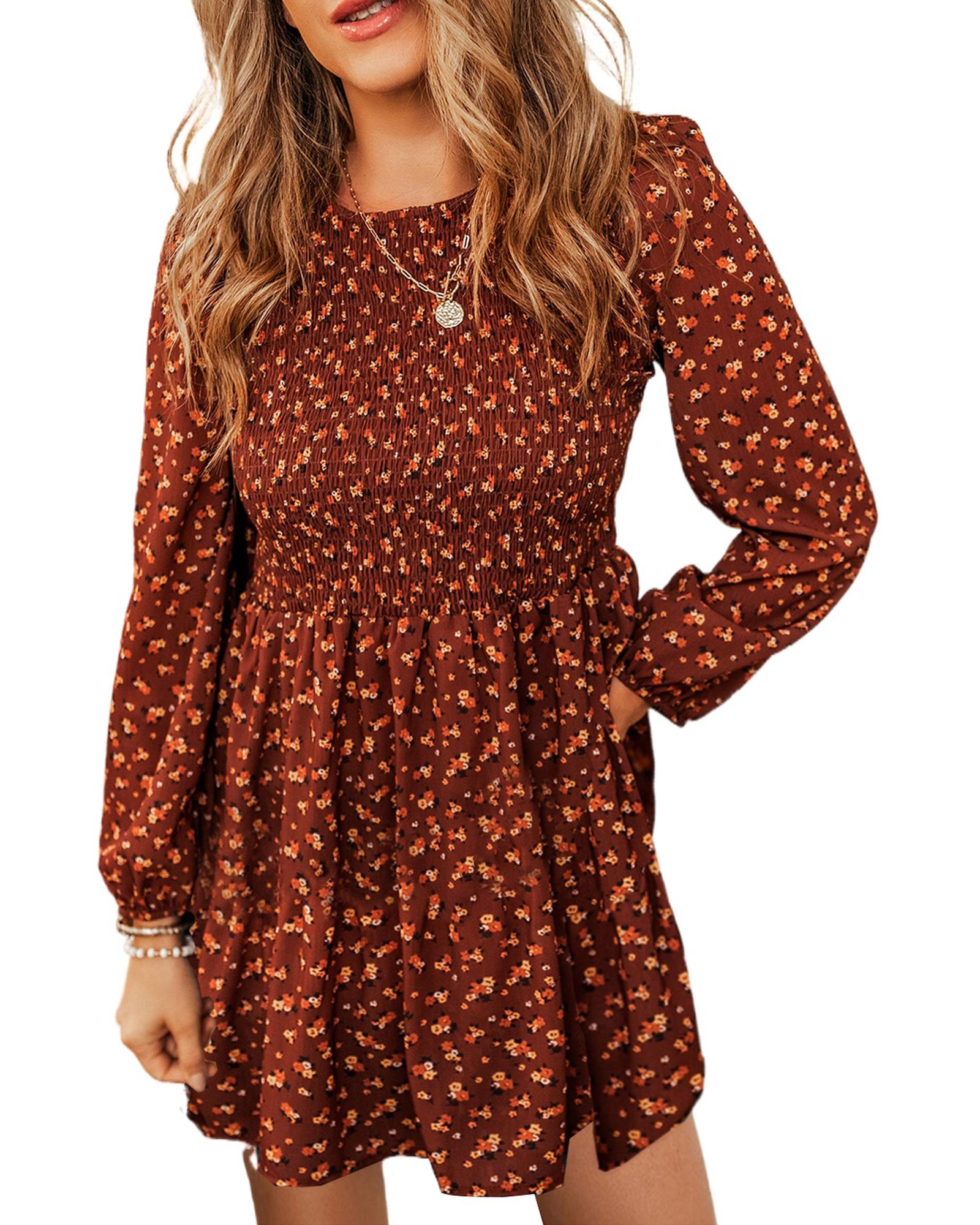 V539-AZEXDC6118756-P1720-L-202506141315-00 Brown Floral Smocked Bodice Mini Dress - L - Image 1