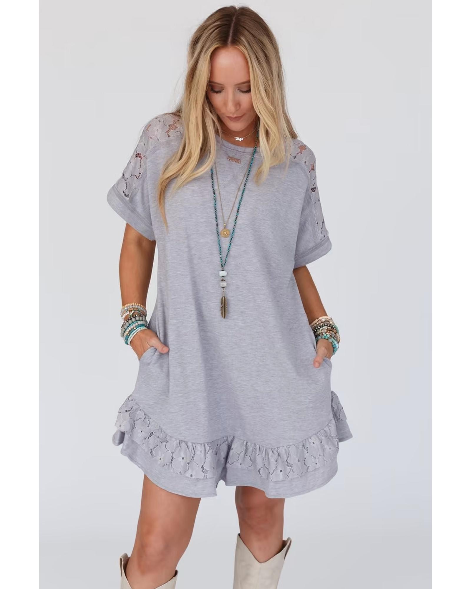 V539-AZEXDC6118794-P1011-S-202506141320-00 Light Grey Lace Floral Patchwork Ruffled T-shirt Dress - S - Image 1