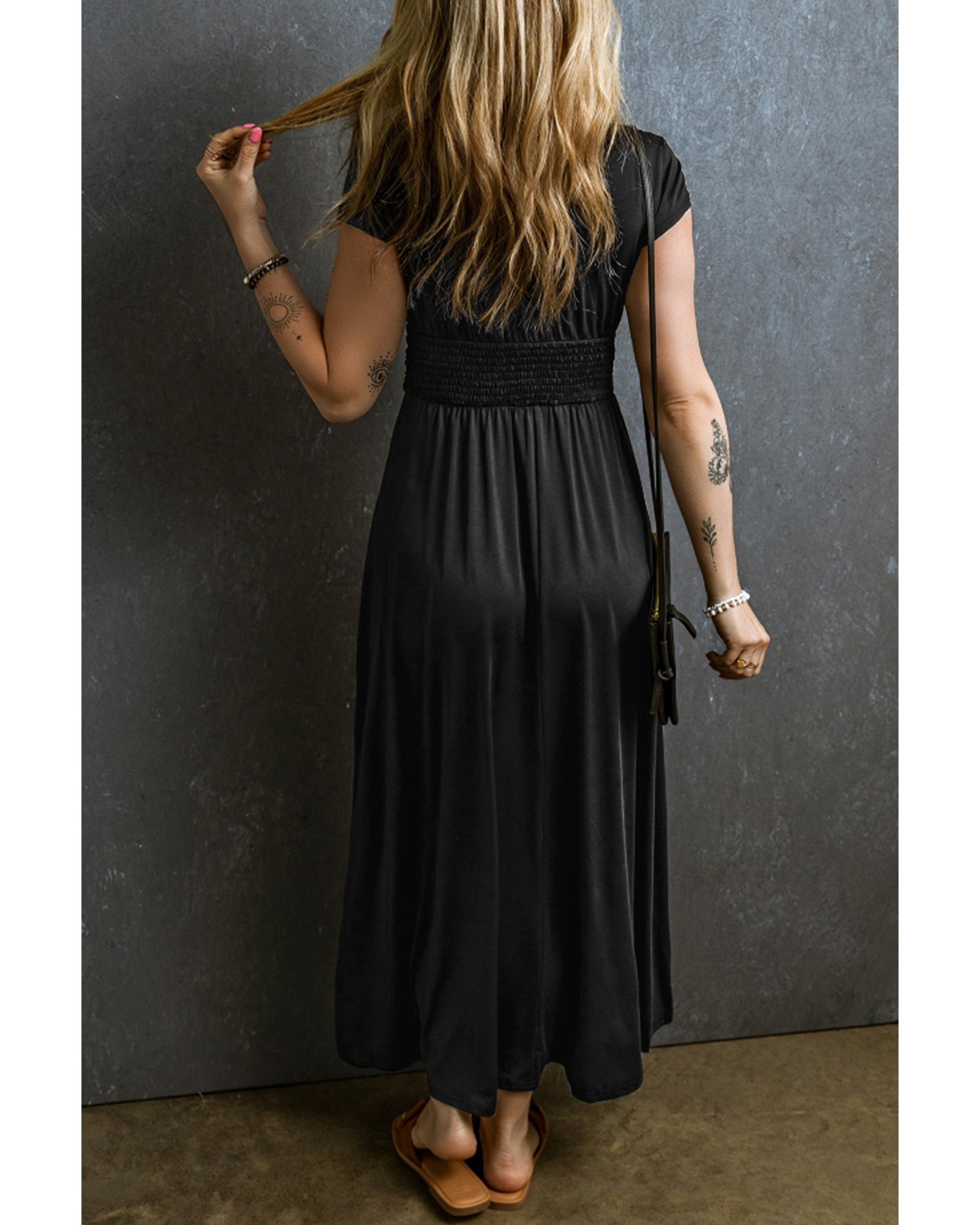 V539-AZEXDC6118843-P2-XL-202508292055-00 Black Short Sleeve Shirred High Waist V Neck Maxi Dress - XL - Image 1