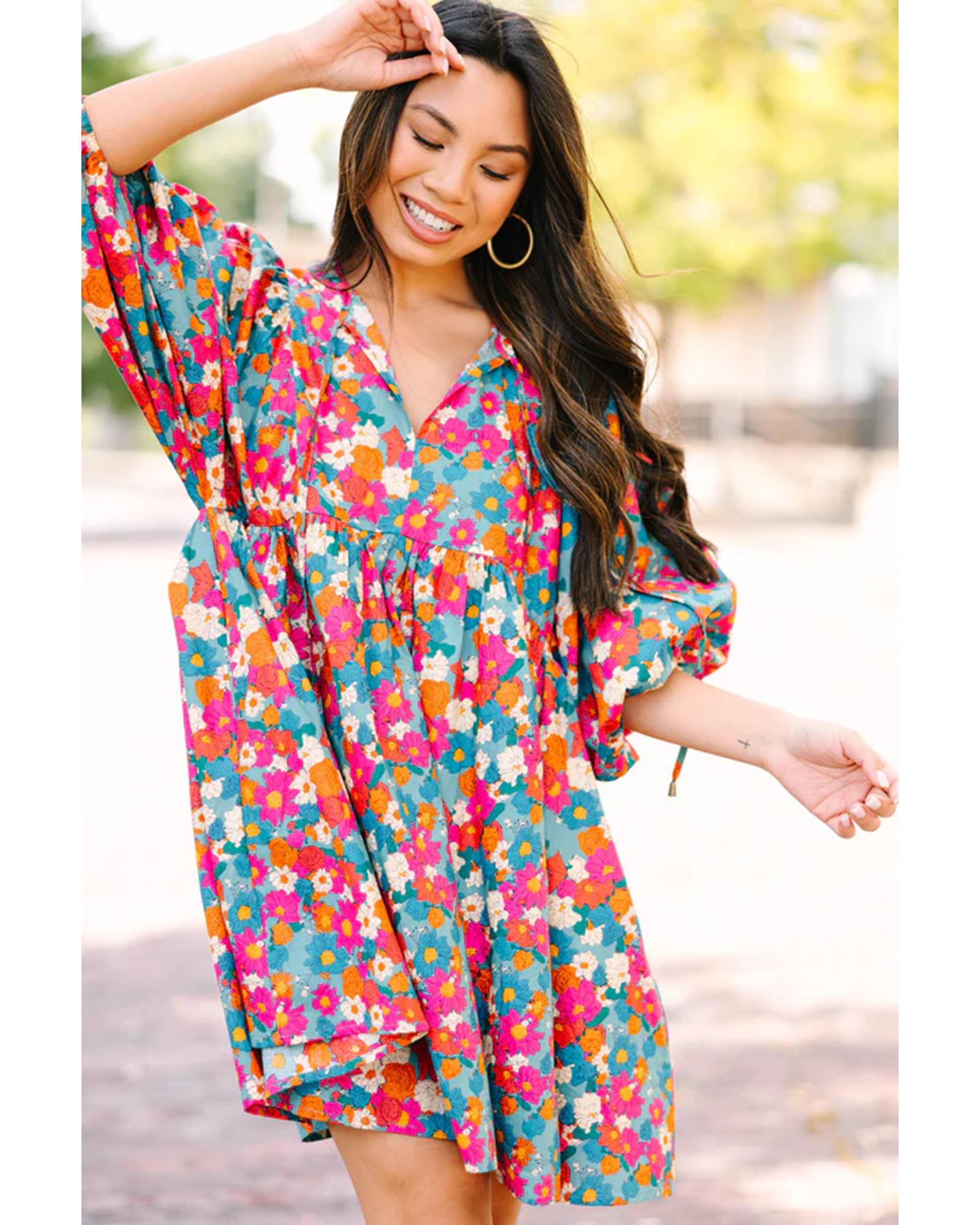 V539-AZEXDC6118959-P420-M-202508282330-00 Sky Blue Floral Print Tie Split Neck Bubble Sleeve Babydoll Dress - M - Image 1