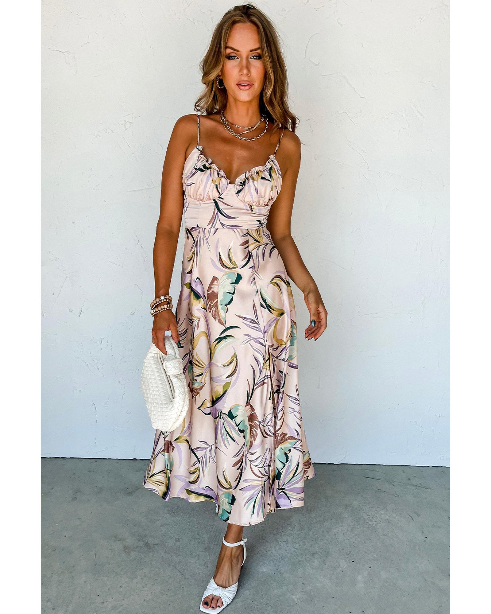 Apricot Tropical Print Spaghetti Straps Cupped Dress - XL