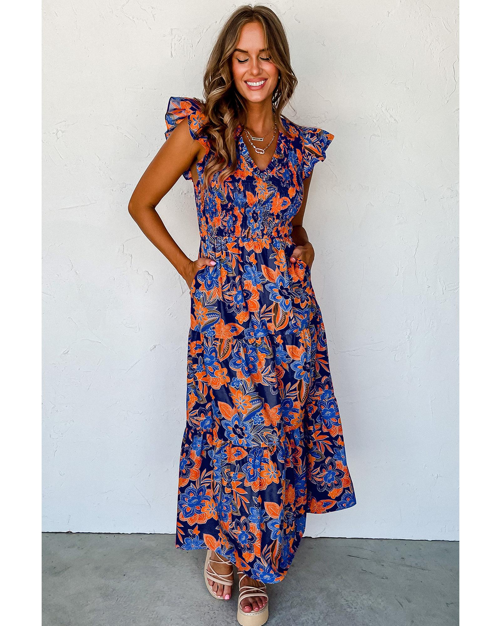 V539-AZEXDC6119015-P522-S-202506141425-00 Dark Blue Boho Floral V Neck Ruffle Tiered Long Dress - S - Image 1