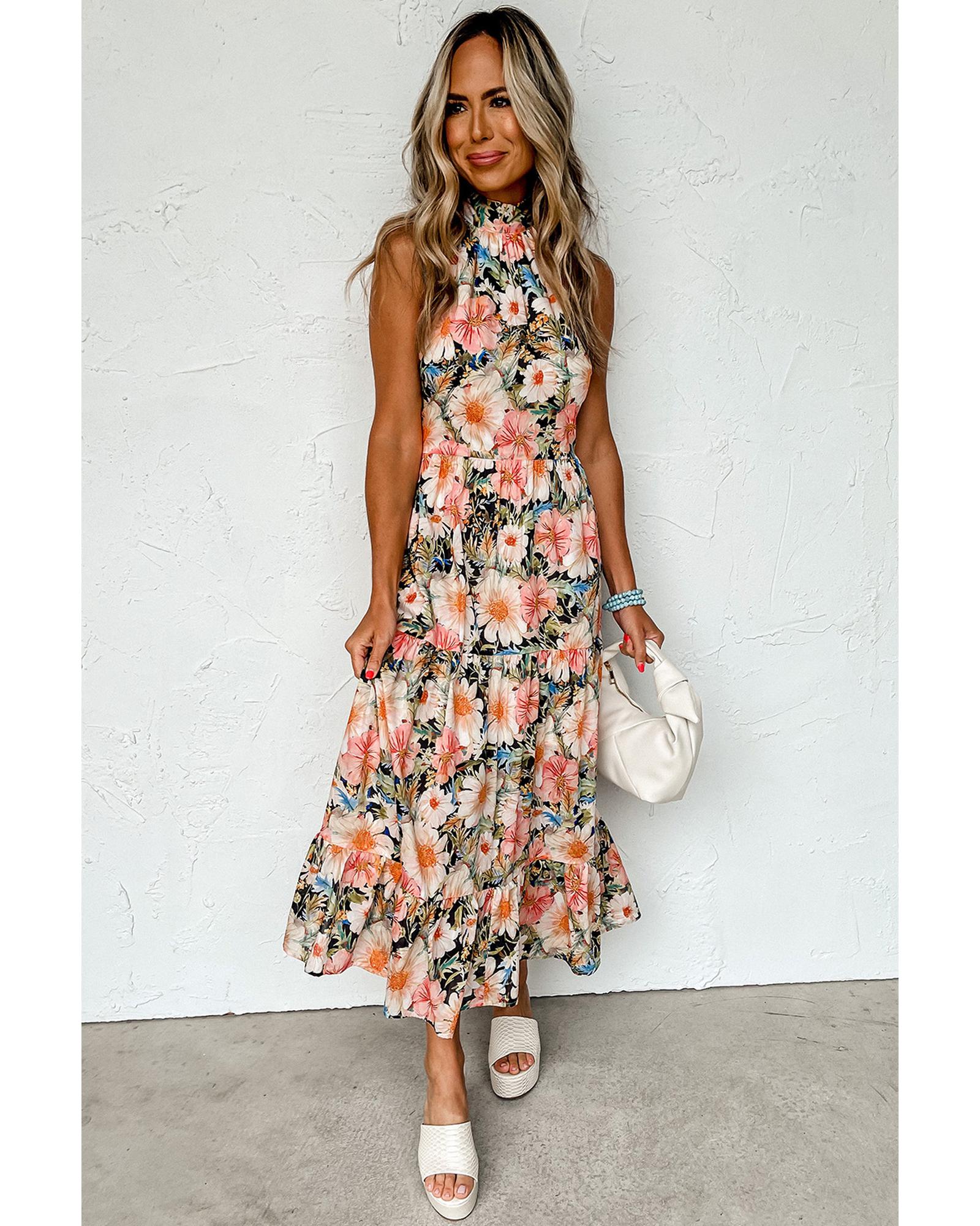 V539-AZEXDC6119017-P220-L-202508281330-00 Black Boho Floral Print Knotted Halter Ruffled Maxi Dress - L - Image 1