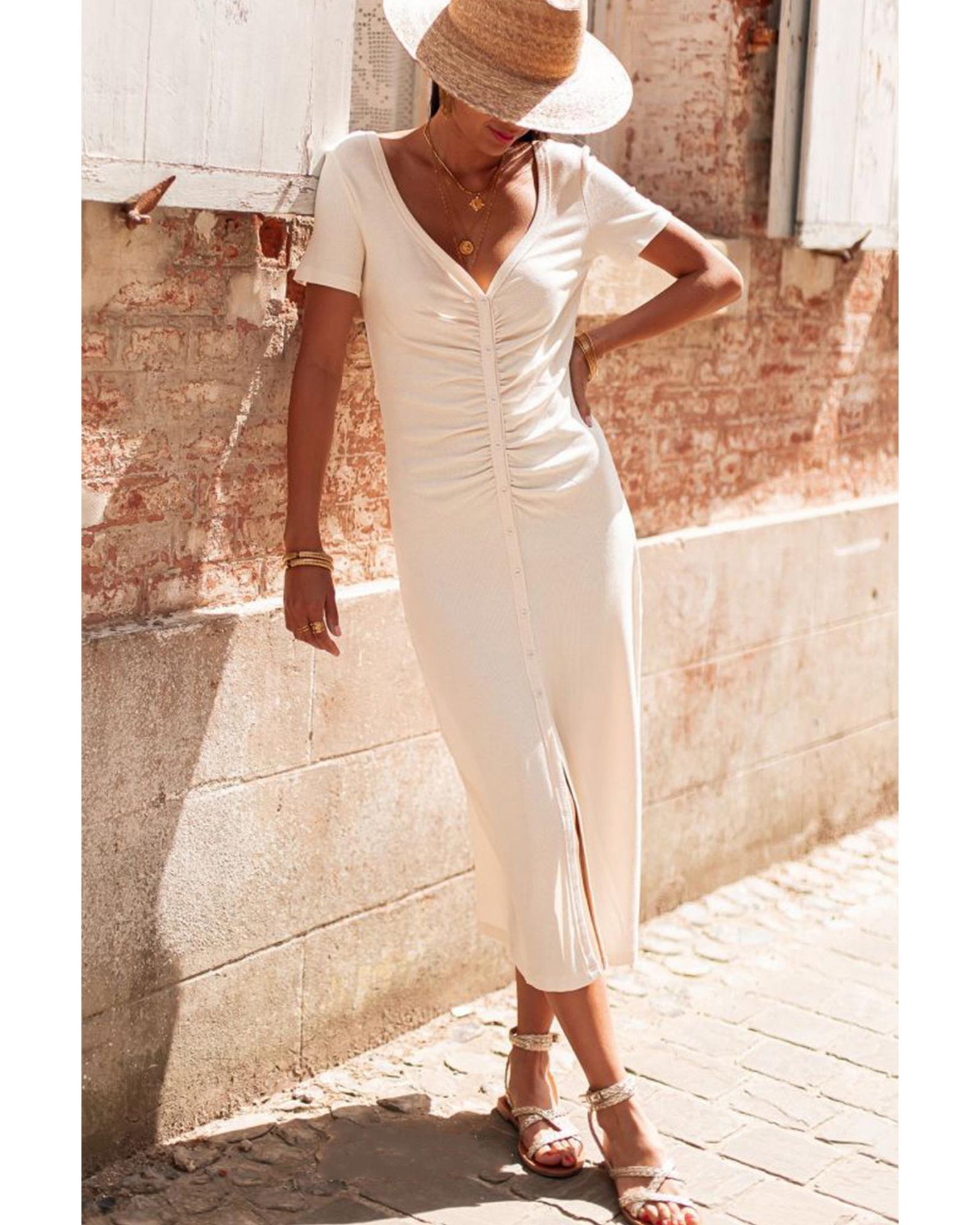 V539-AZEXDC6119019-P15-M-202508281755-00 Beige V Neck Ruched Button Front French T-shirt Dress - M - Image 1