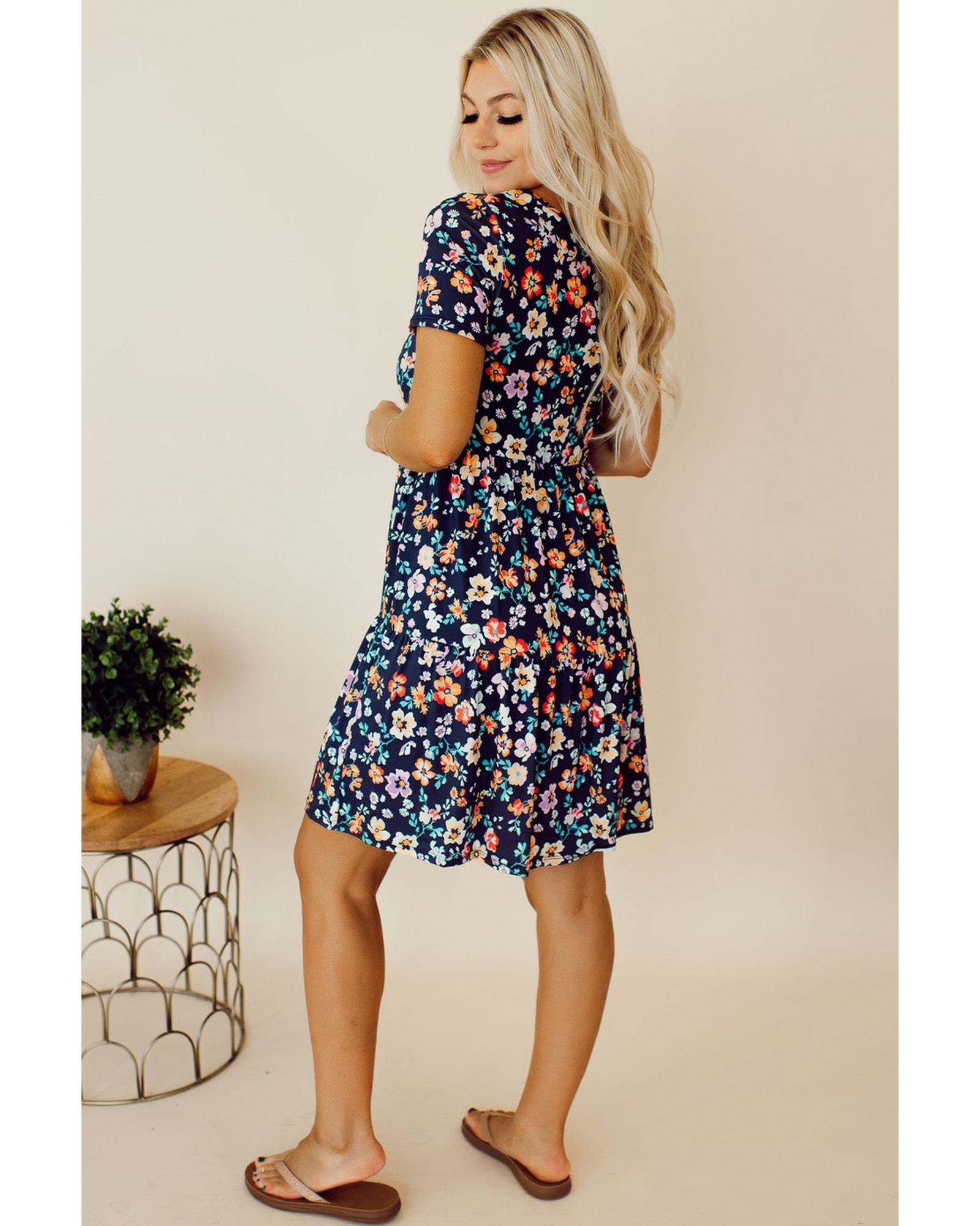 V539-AZEXDC6119023-P520-XL-202508290100-00 Blue Short Sleeve A-line Floral Dress - XL - Image 1