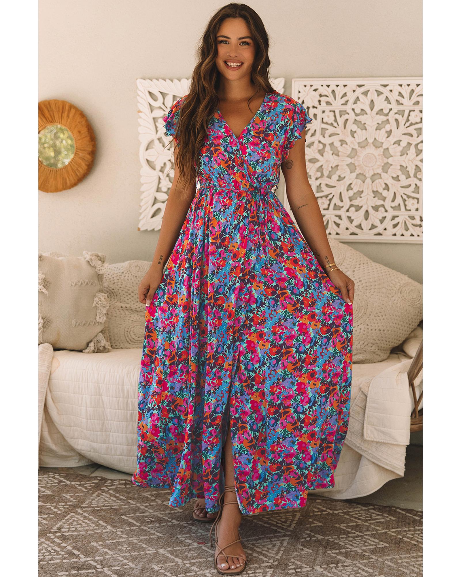 V539-AZEXDC6119025-P305-S-202506141440-00 Blue Floral Print V Neck Wrap Split Maxi Dress - S - Image 1