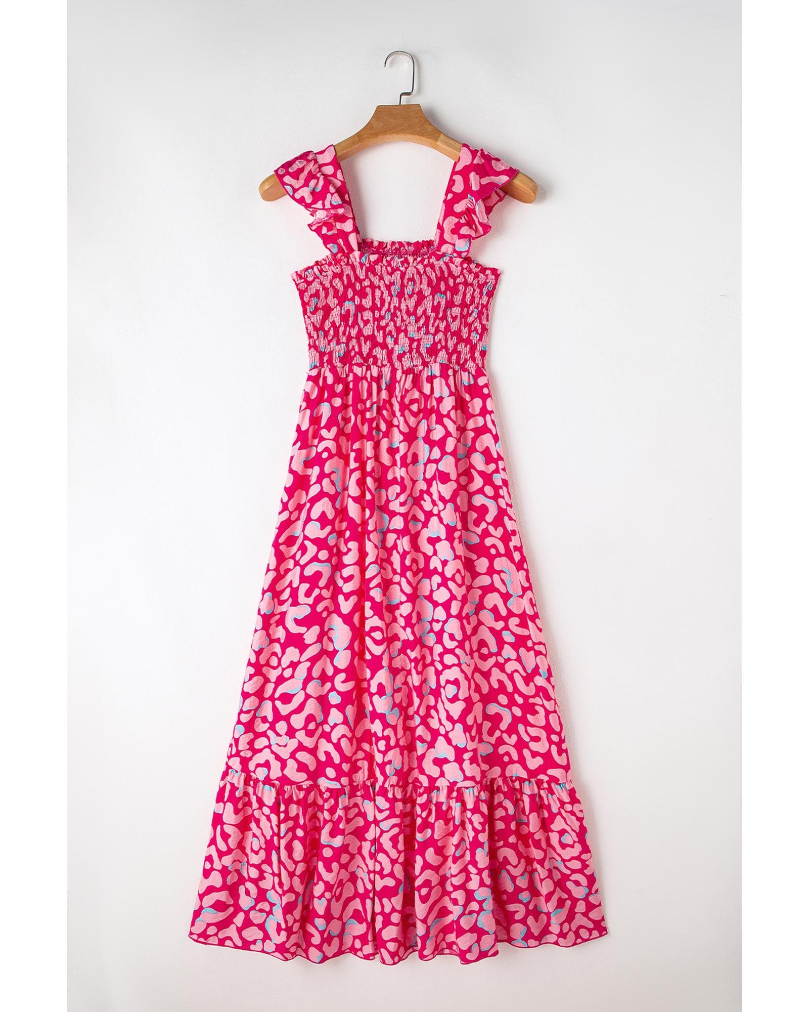 V539-AZEXDC6119179-P1020-L-202508282030-00 Pink Leopard Ruffle Straps Smocked High Waist Long Dress - L - Image 1