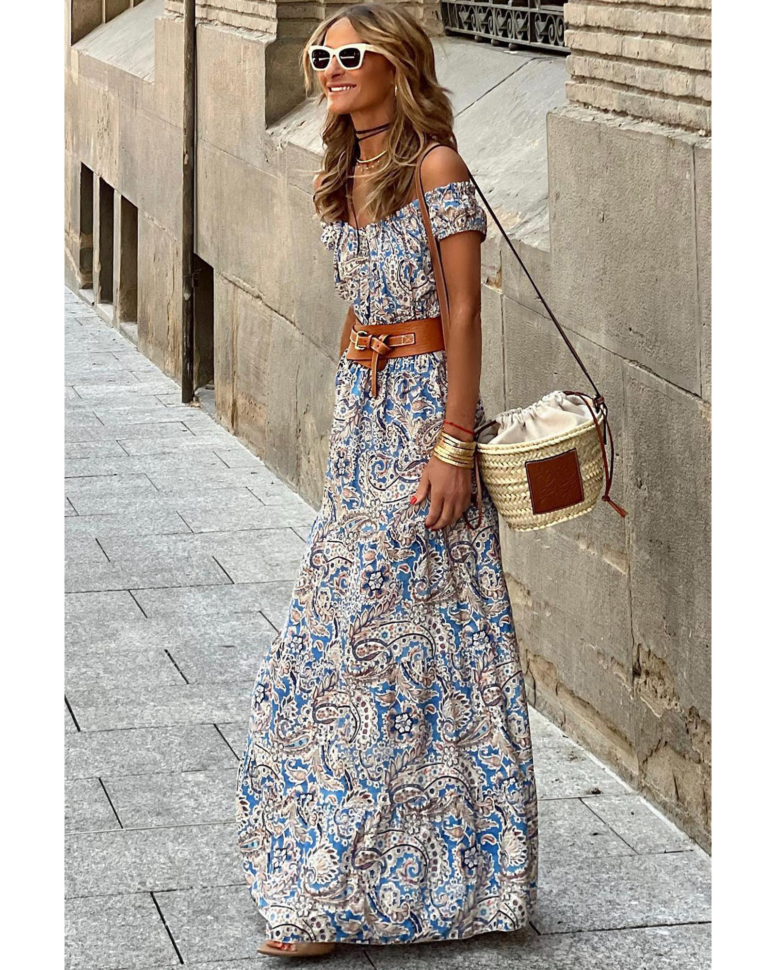 V539-AZEXDC6119201-P520-S-202506141516-00 Blue Boho Paisley Print Off Shoulder Maxi Dress - S - Image 1