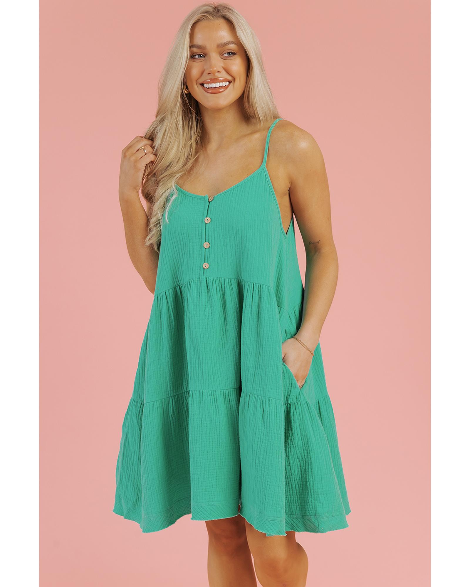 V539-AZEXDC6119384-P409-M-202508282055-00 Sea Green Textured Buttoned Thin Strap Tiered Loose Fit Mini Dress - M - Image 1