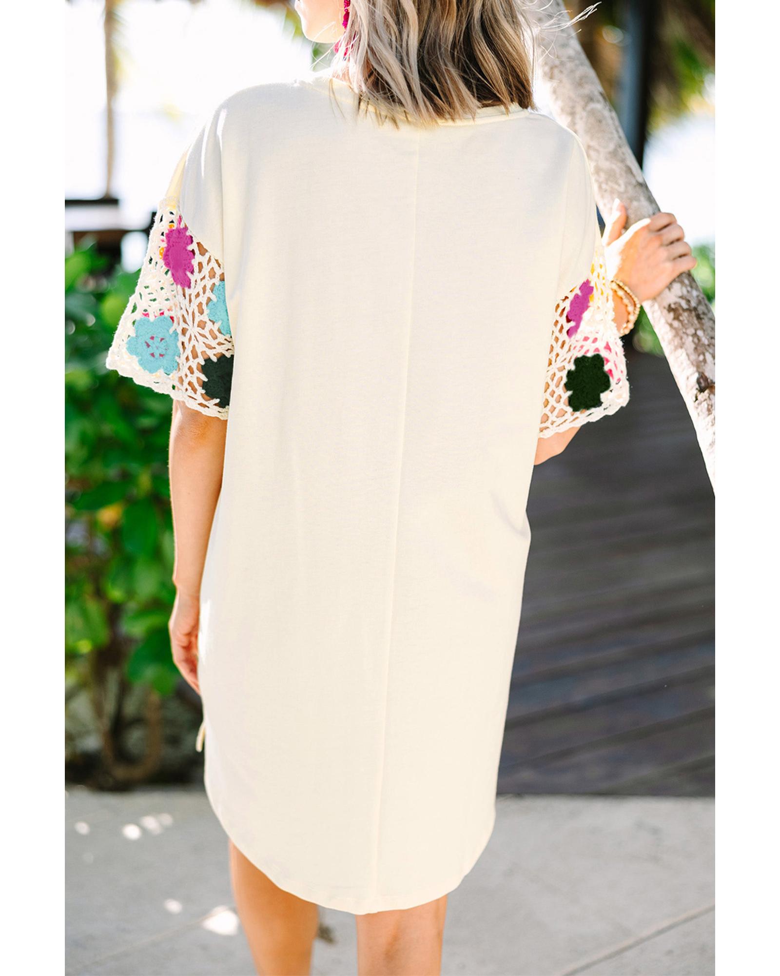 V539-AZEXDC6119394-P101-S-202506141125-00 White Floral Crochet Splicing Sleeve T Shirt Dress - S - Image 1