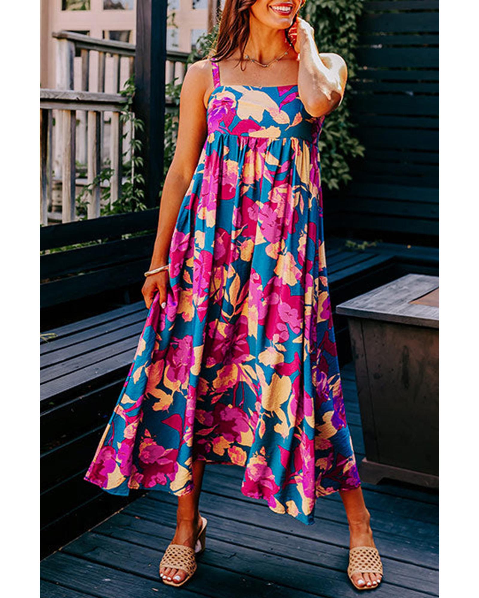 V539-AZEXDC6119396-P522-XL-202508292335-00 Dark Blue Floral High Waist Sleeveless Flared Long Dress - XL - Image 1
