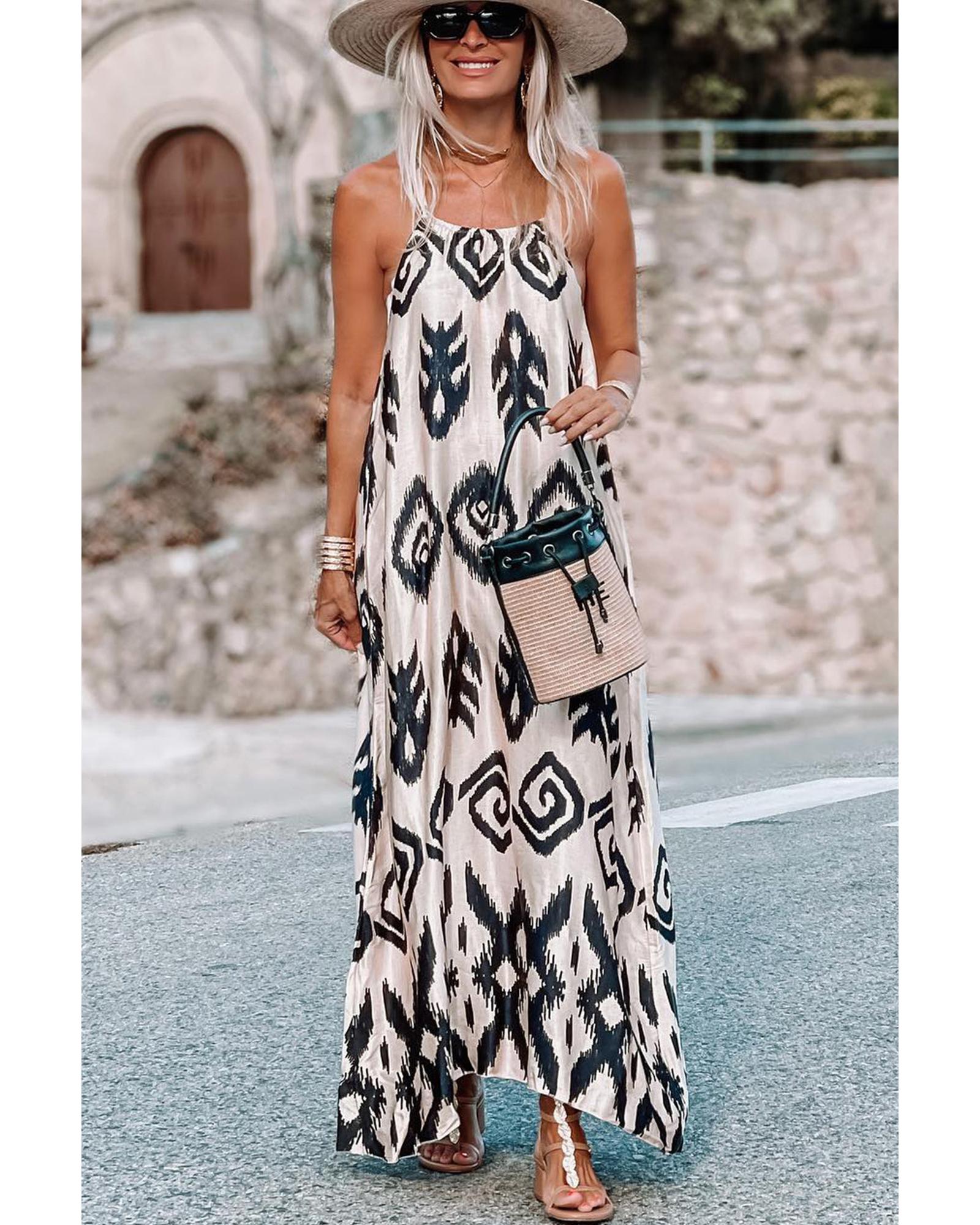 Black Western  Aztec Printed Fashion Vacation Sundress - S