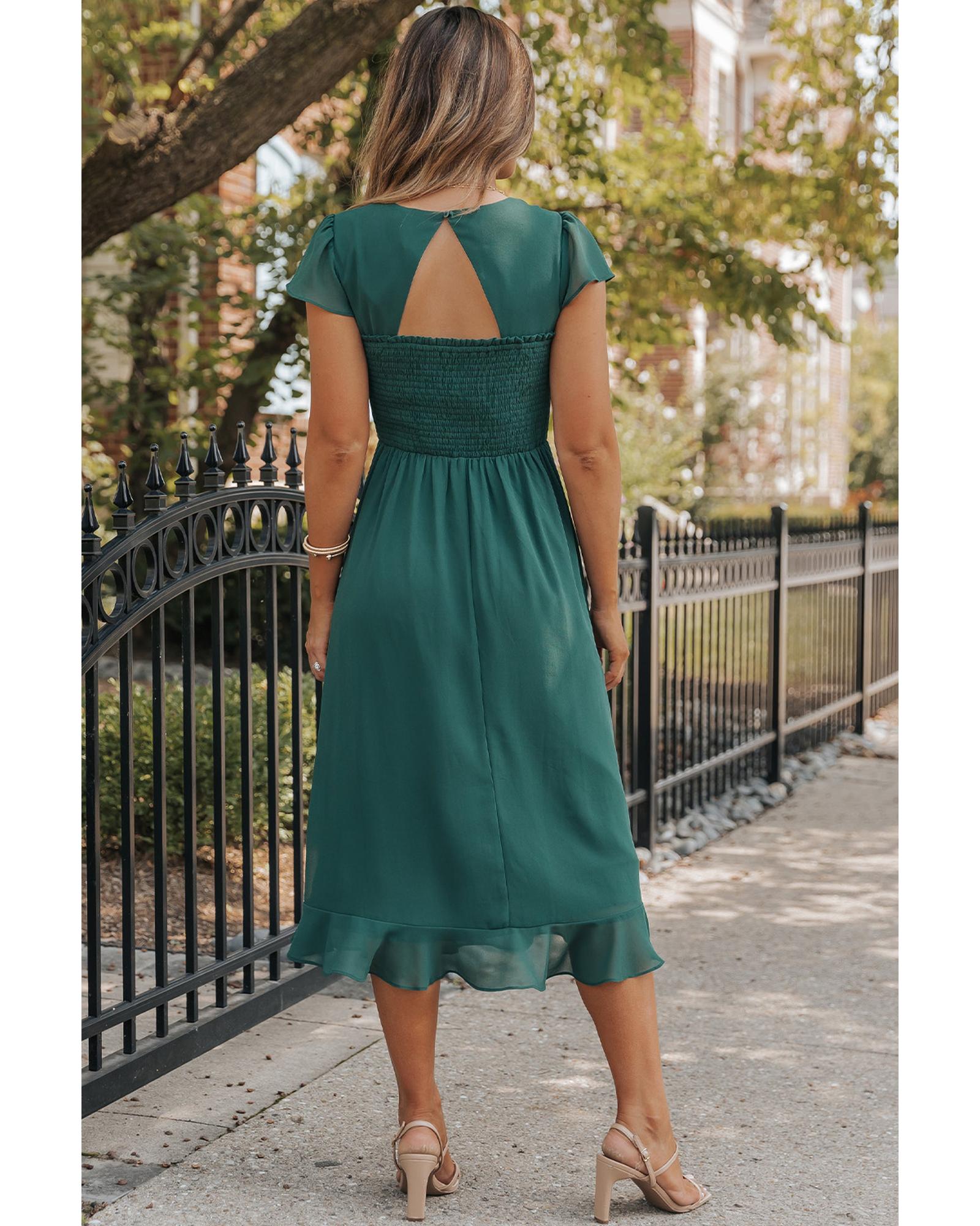 V539-AZEXDC6119804-P1709-M-202508292325-00 Sea Green Shirred Open Back Sweetheart Neck Ruffled Midi Dress - M - Image 1