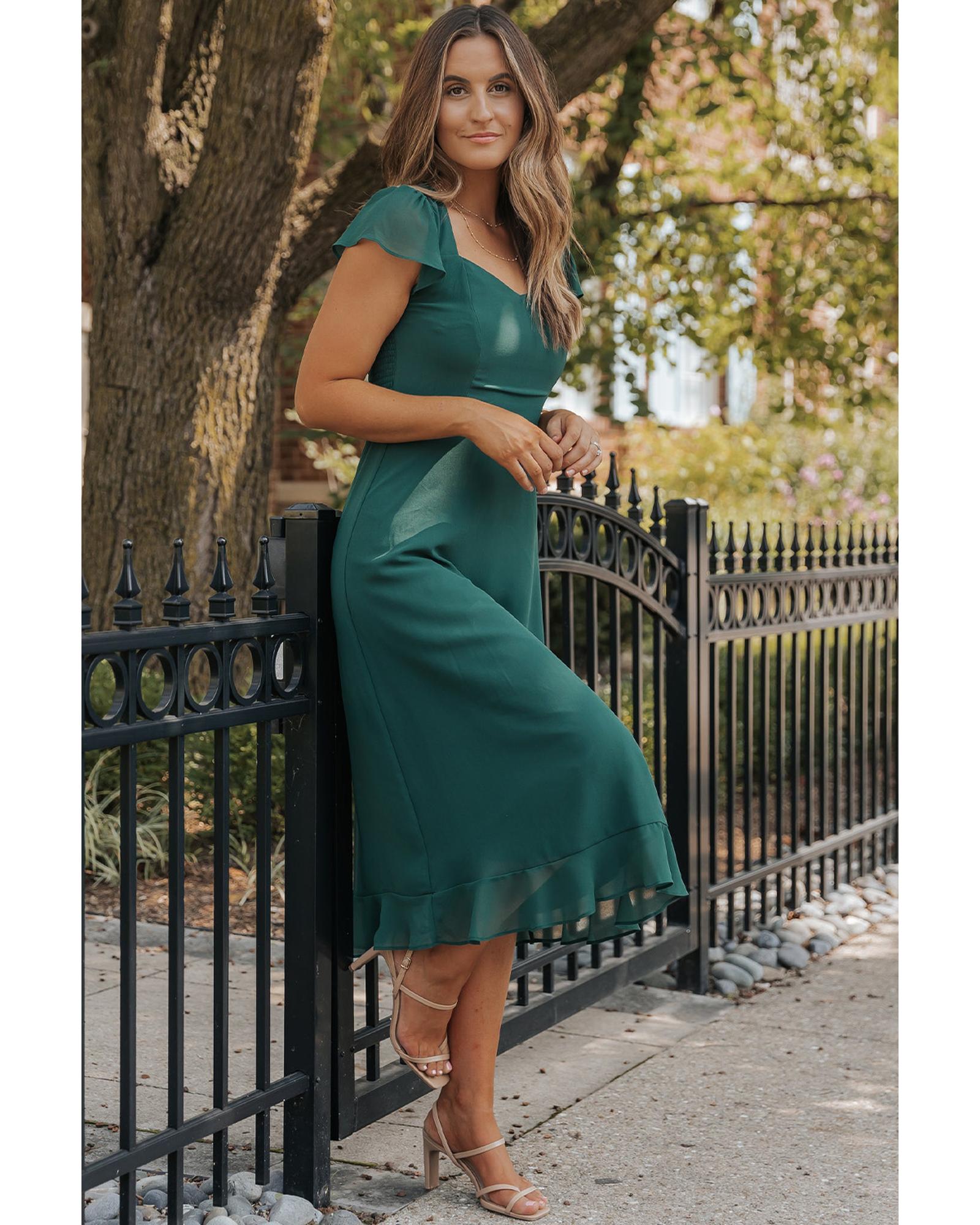 V539-AZEXDC6119804-P1709-S-202506141206-00 Sea Green Shirred Open Back Sweetheart Neck Ruffled Midi Dress - S - Image 1