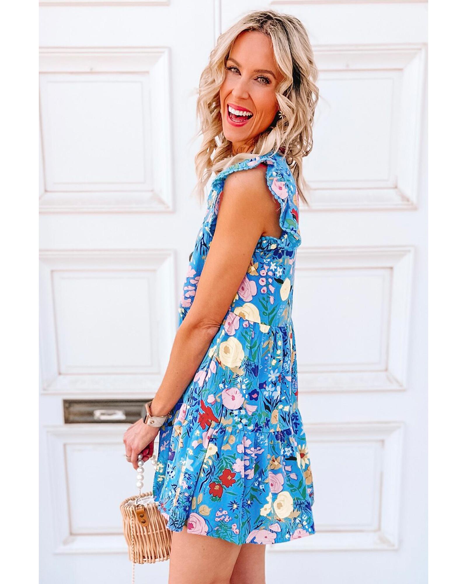 V539-AZEXDC6120090-P10420-M-202508292005-00 Sky Blue Floral Flutter Sleeve V Neck Ruffled Dress - M - Image 1