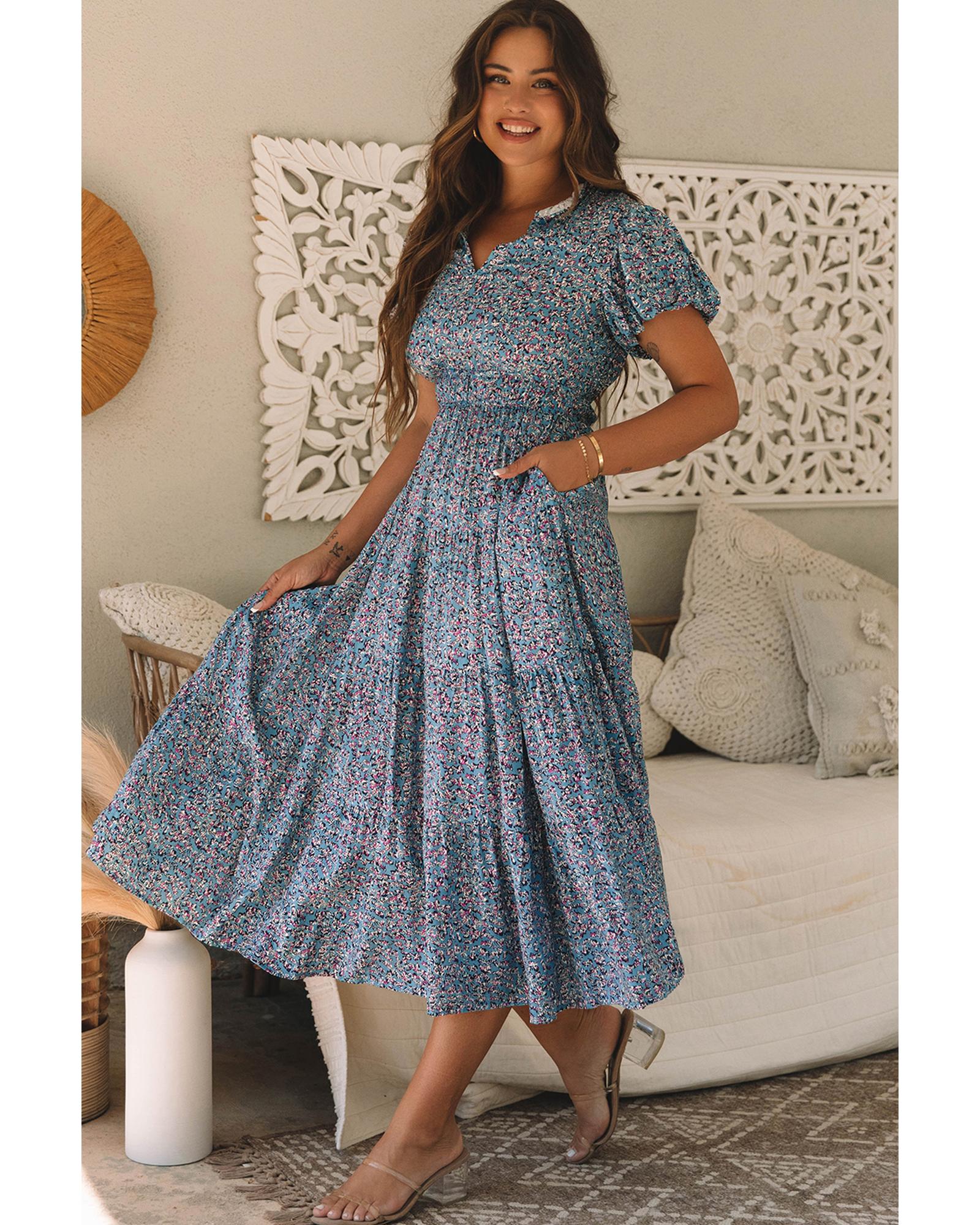 V539-AZEXDC6120120-P520-L-202508300350-00 Blue Printed V Neck Shirred Short Puff Sleeve Maxi Dress - L - Image 1