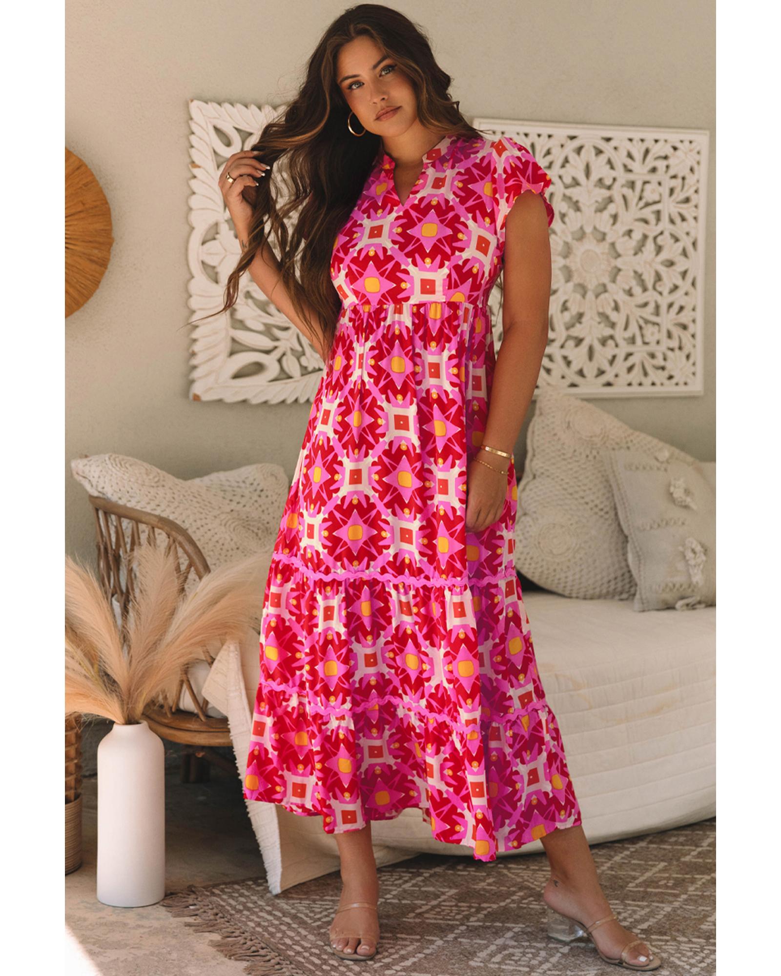 V539-AZEXDC6120144-P306-M-202508300615-00 Strawberry Pink Geo Print V-neck Maxi Dress - M - Image 1