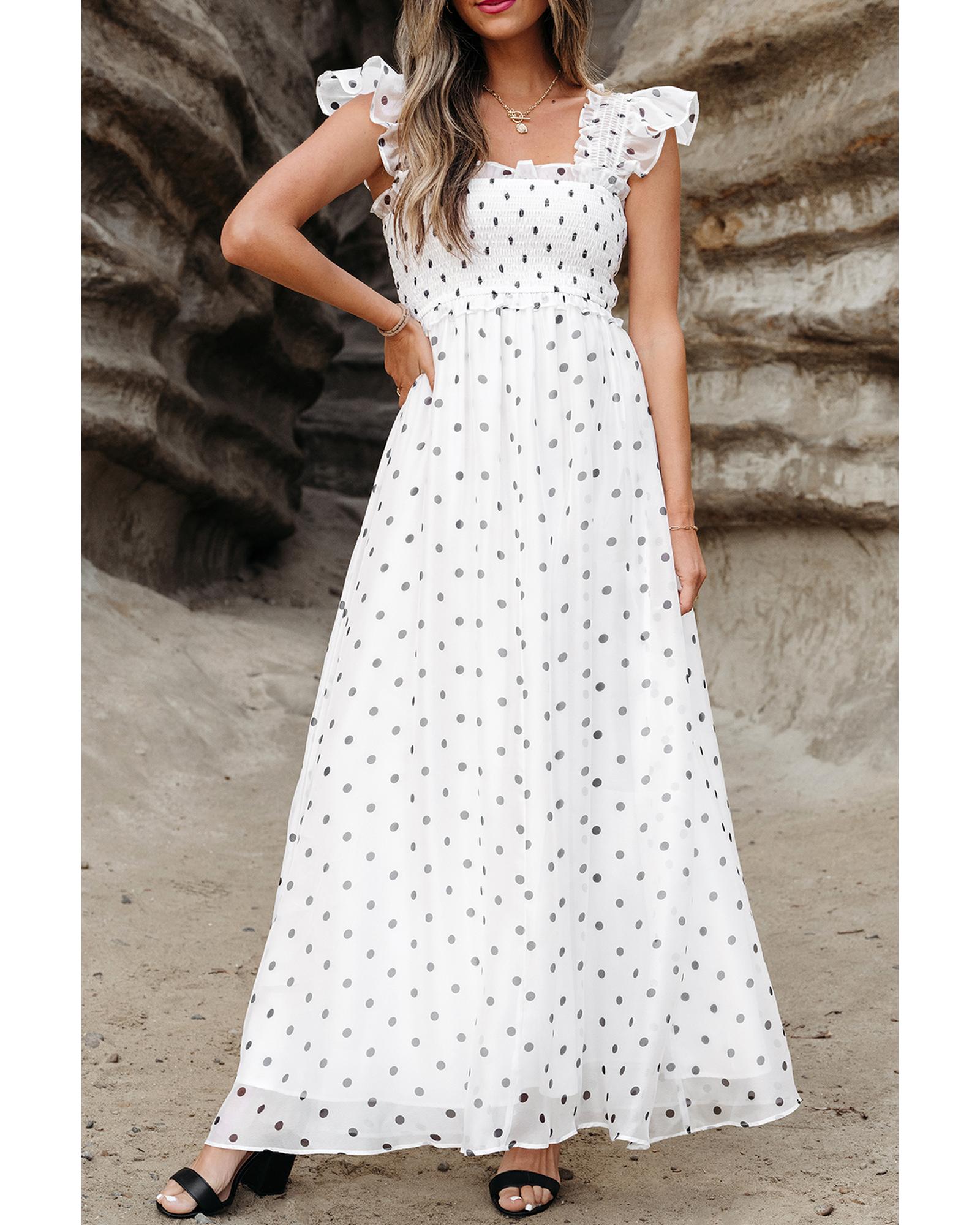 V539-AZEXDC6120210-P1-S-202506141331-00 White Polka Dot Flutter Sleeve Square Neck Smocked Maxi Dress - S - Image 1