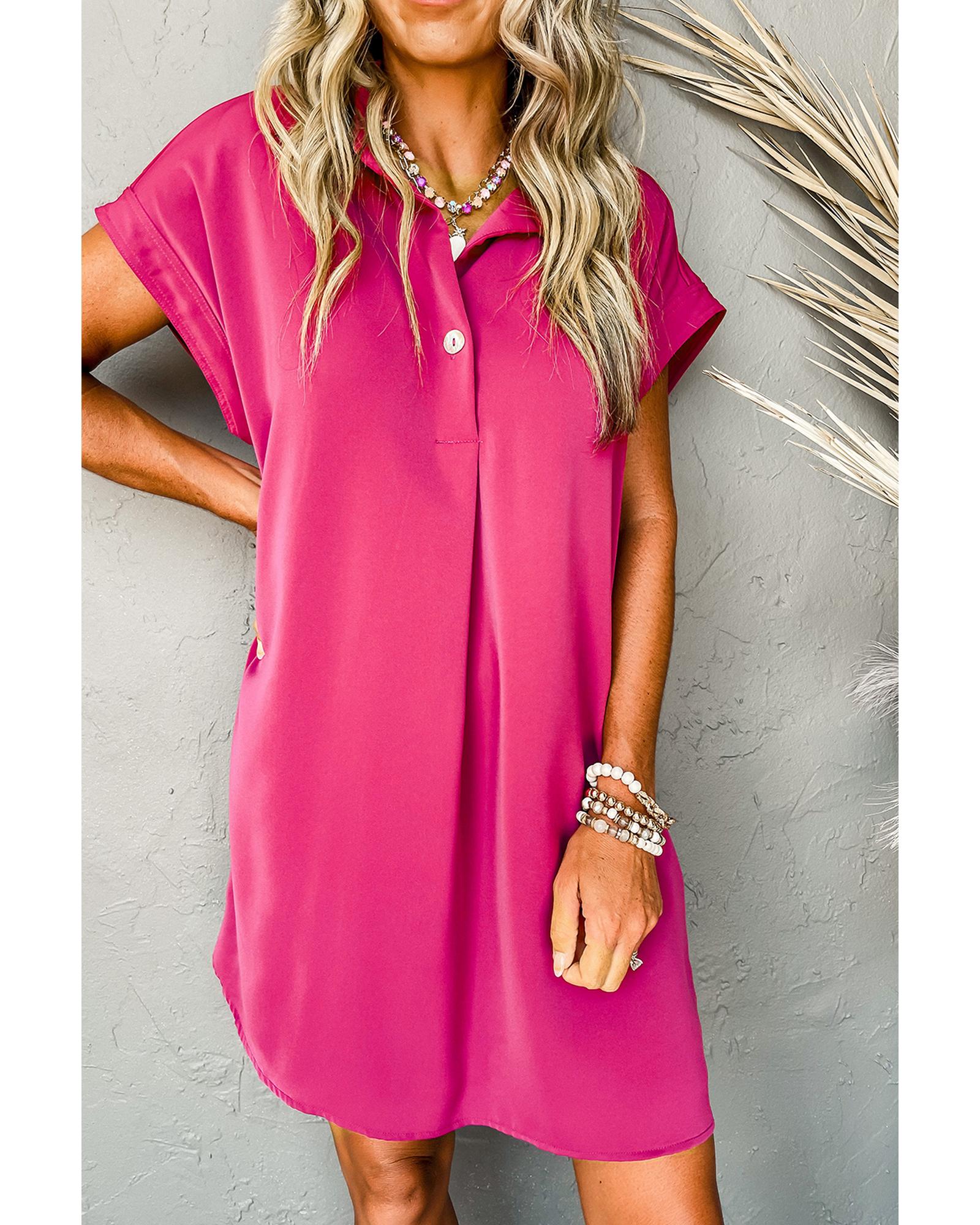 V539-AZEXDC6120277-P6-S-202506141341-00 Rose Red Buttoned Collar Shift T-shirt Mini Dress - S - Image 1