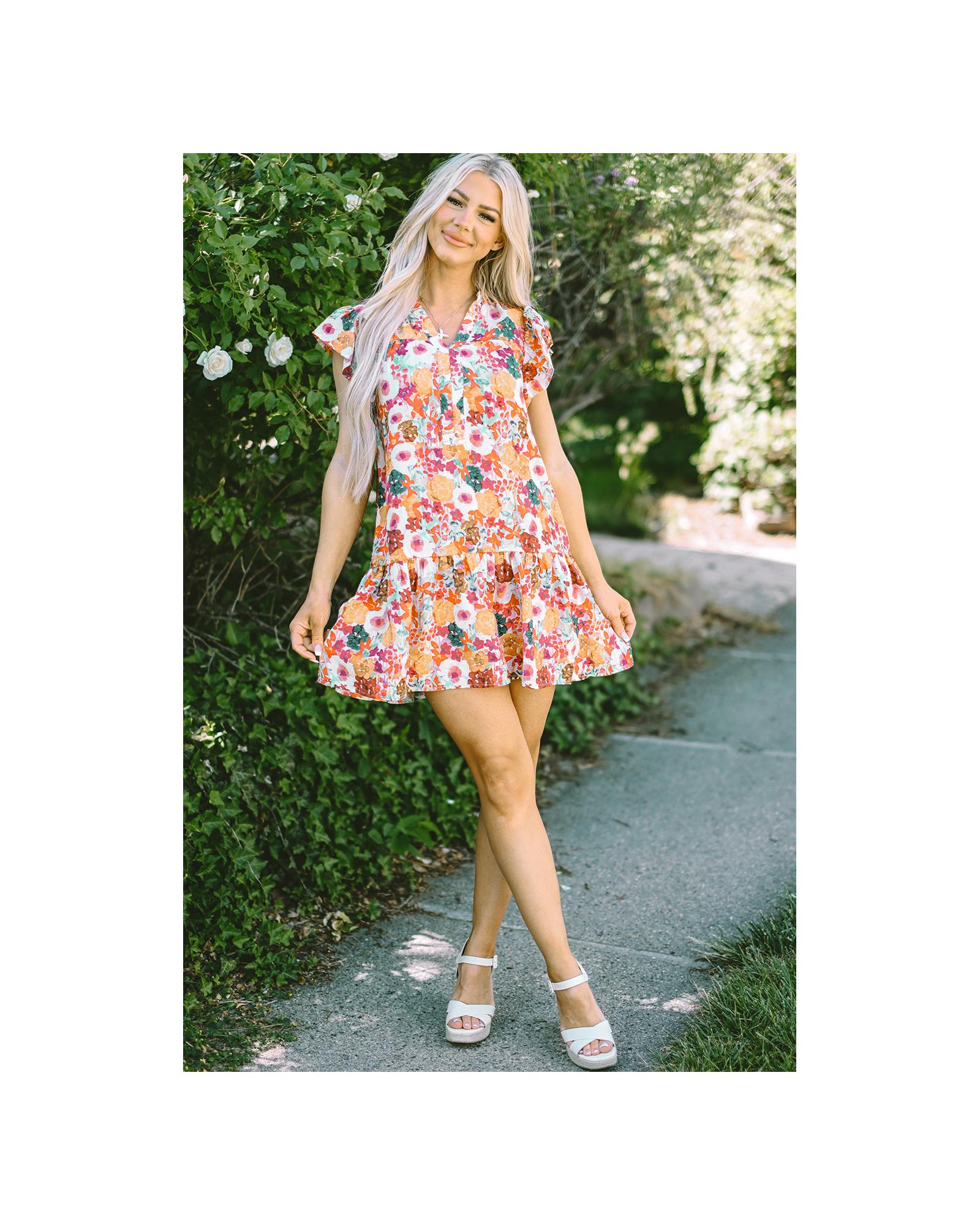 V539-AZEXDC6120457-P822-M-202508300055-00 Purple Floral Print Split Neck Flutter Sleeve Dress - M - Image 1