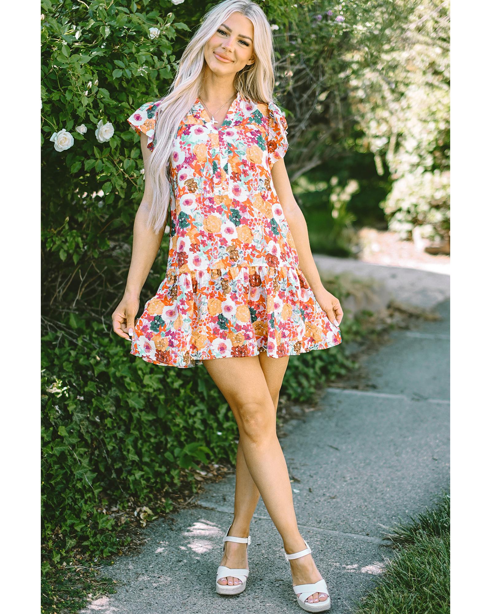 Purple Floral Print Split Neck Flutter Sleeve Dress - XL