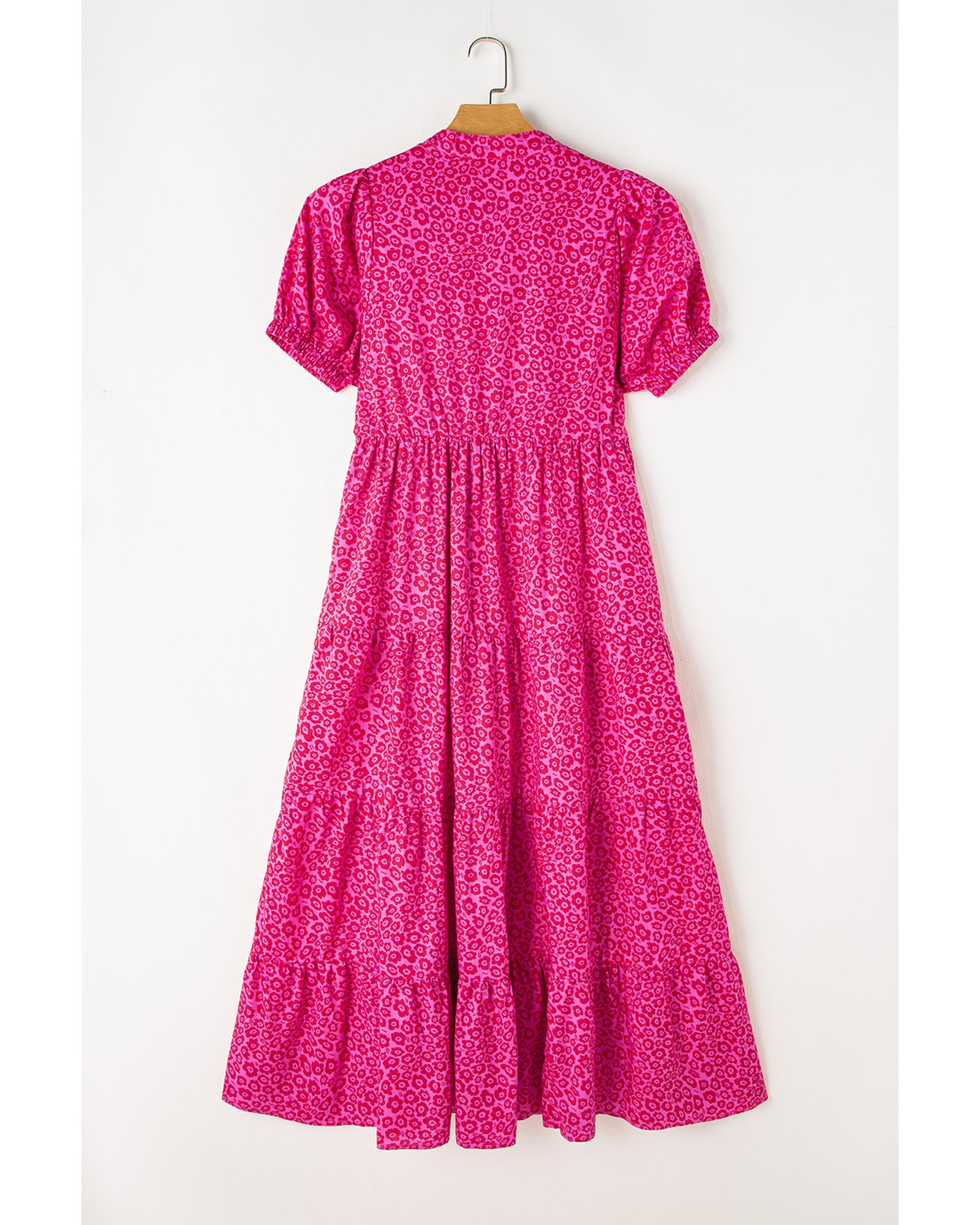 V539-AZEXDC6120509-P6-S-202506141427-00 Rose Red Flower Mock Neck Puff Sleeve Tiered Maxi Dress - S - Image 1