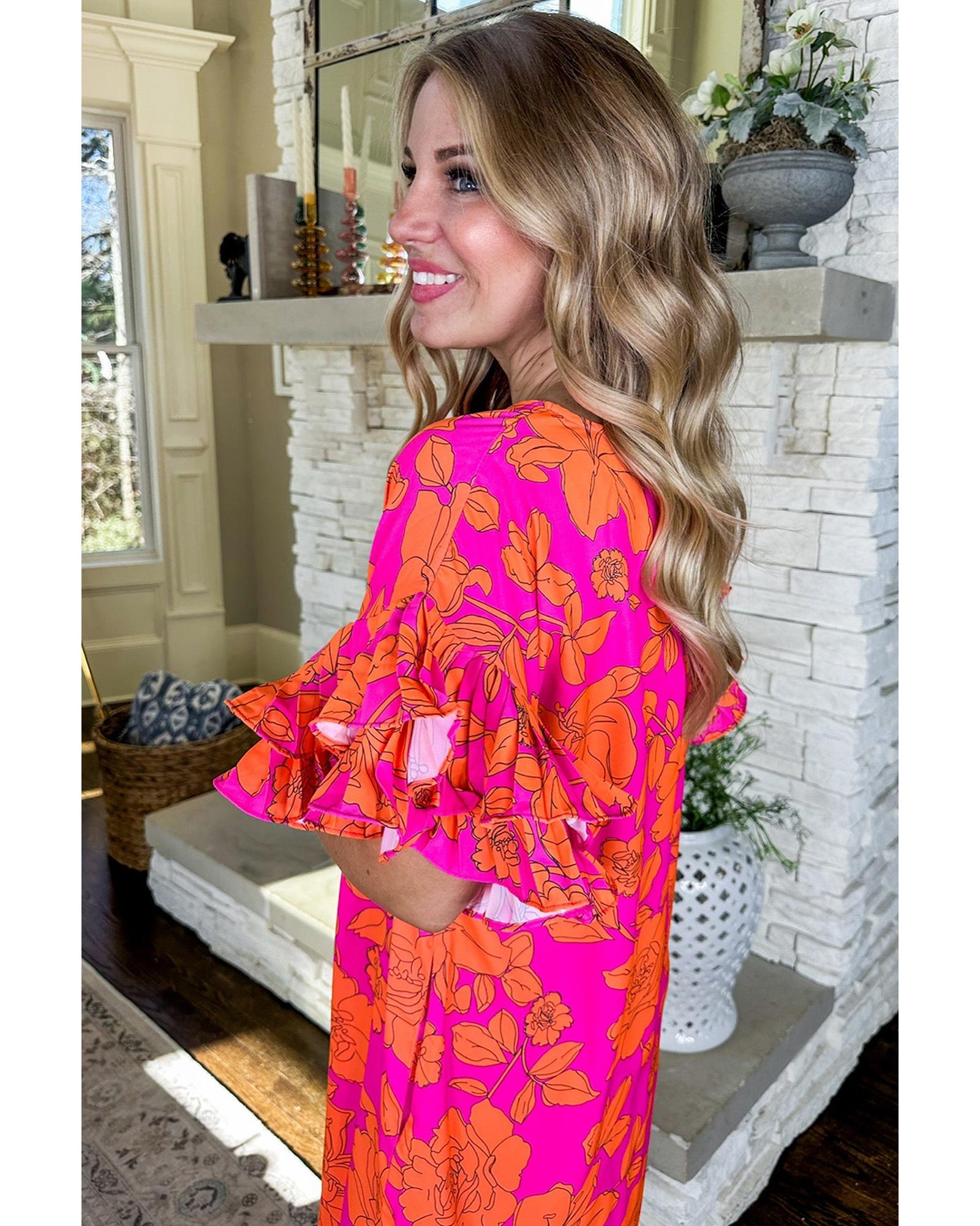 V539-AZEXDC6120510-P1020-M-202508281415-00 Pink Voluminous Ruffled Sleeve Floral Dress - M - Image 1