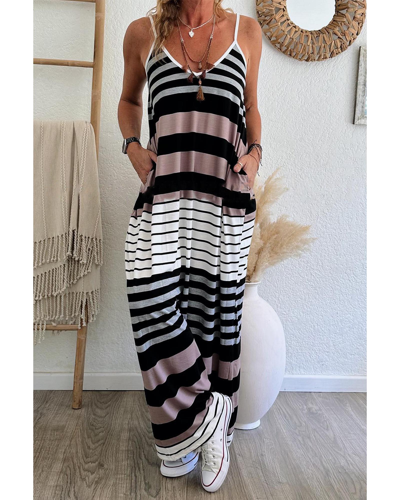 V539-AZEXDC6120606-P22-XL-202508300045-00 Multicolour Mixed Stripes Spaghetti Straps V Neck Maxi Dress - XL - Image 1